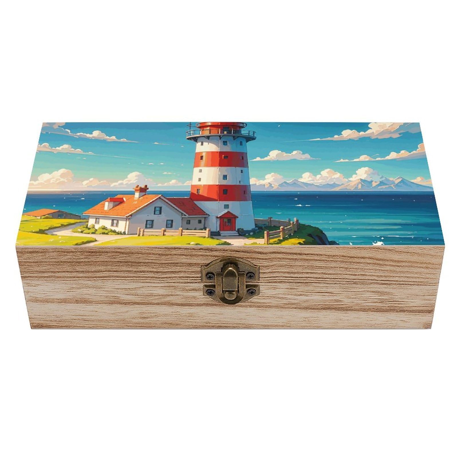 Oudrspo Lighthouse Wooden Keepsake Box Decorative Memory Storage Box with Hinged Lid Small Jewelry Keepsake Boxes for Storing Gift Pictures Letters Time Capsule