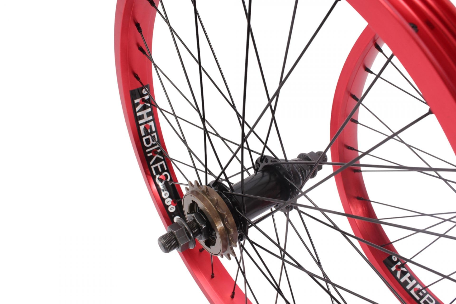 KHE Prism BMX 20 cali zestaw kółek, szerokość 38 mm, aluminium 7005, czerwone anodowane, z zębatką 16T