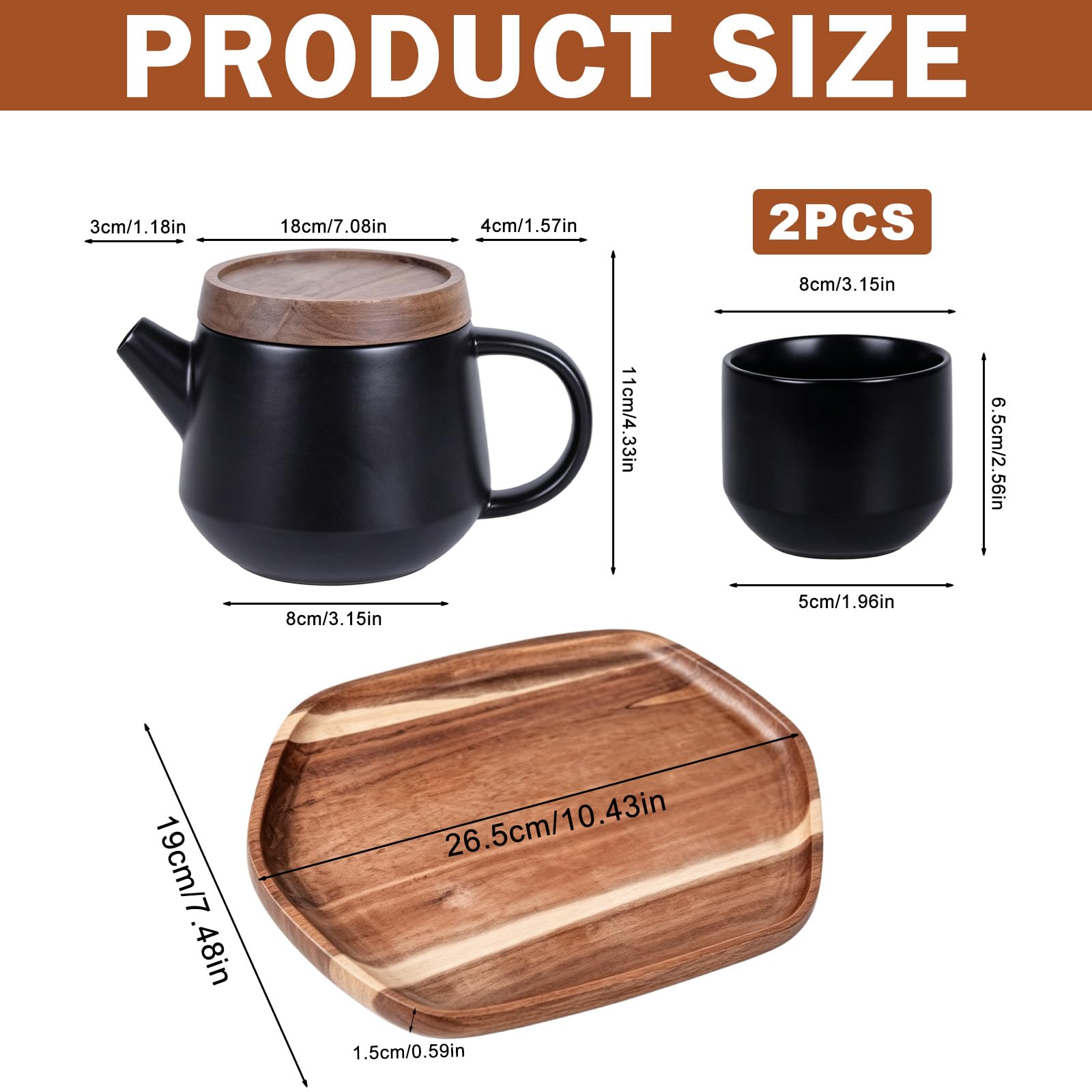 3-częściowy japoński serwis do herbaty, 0,6 l, ceramiczny czarny z drewnianą tacą, 2 filiżanki i sitko ze stali nierdzewnej, porcelanowy serwis do herbaty, ceramiczny serwis do herbaty z tacą