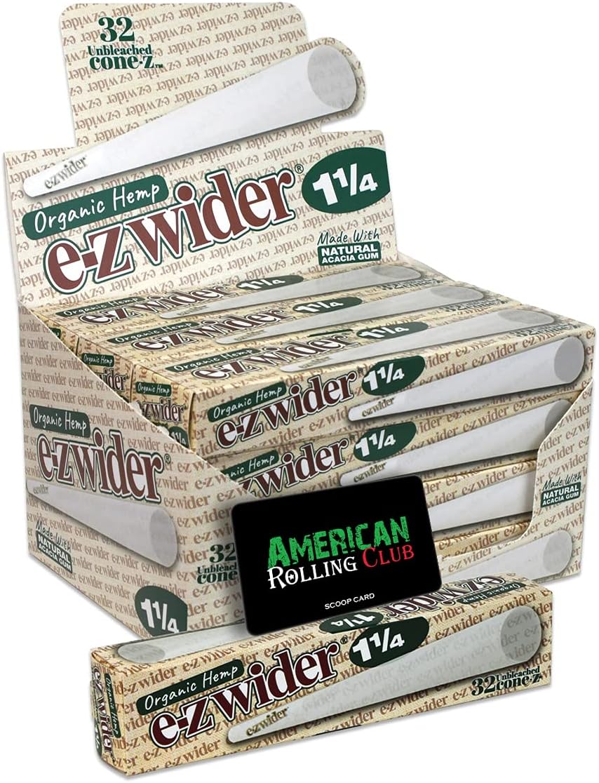 EZ Wider 1 1/4 Size Cones | Full Box - 12 Packs of 32 (384 Cones) | Organic Pre Rolled Cigarette Paper with Tips and ARC Scoop Card (Full Box)