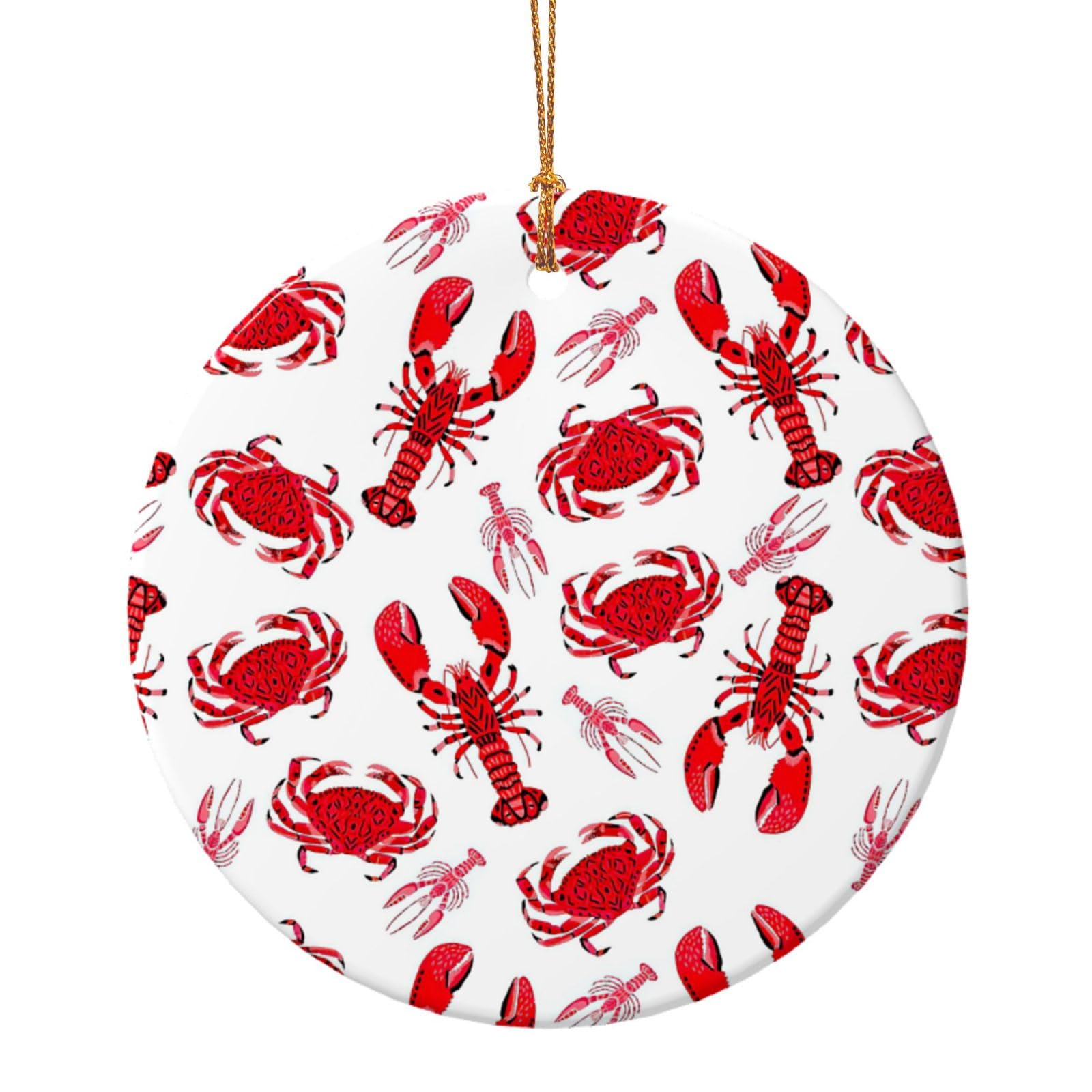 Asbwuo White Cartoon Red Crab Lobster Christmas Tree Ornaments - Round Ceramic Decor, Holiday Hanging Decorations, Xmas Gifts 7.3Cm