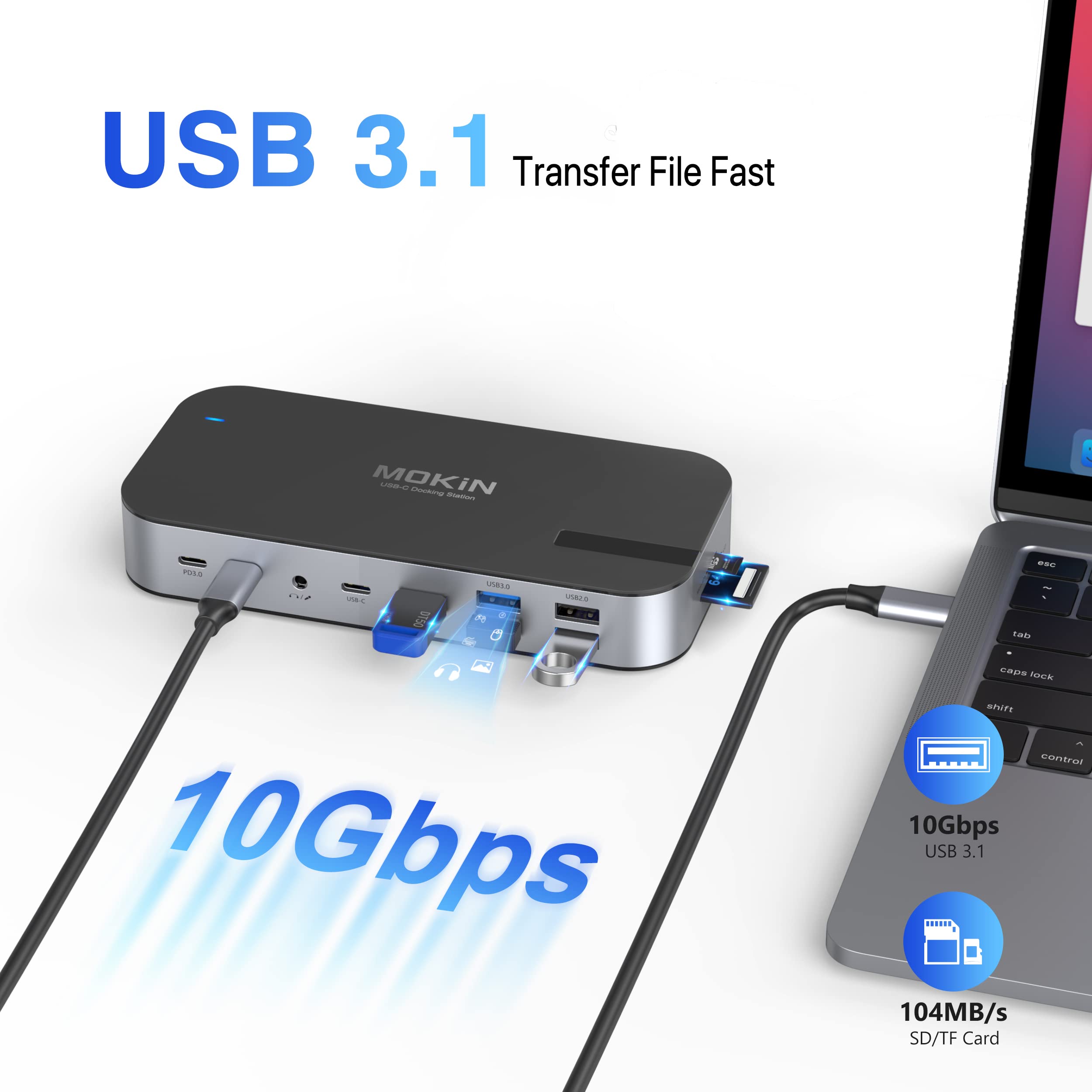 MOKiN 16 en 1 USB C Docking Station Laptop 2 Monitore für Tragbare Computer | mit 2 HDMI+DP+VGA+RJ45+100W PD+SD/TF+2 USB2.0+2 USB3.0+USB3.1+Audio+2 USB C für Dell Surface Lenovo HP