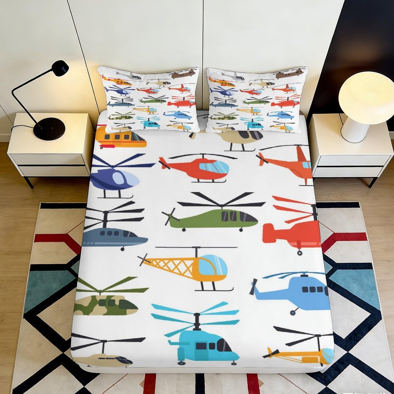 3D Printed Colorful Helicopter Fitted Sheet Microfiber Soft Breathable Cartoon Aircraft Bed Cover for Bedroom Dorm Mattress Protection Decor 90x200x25cm