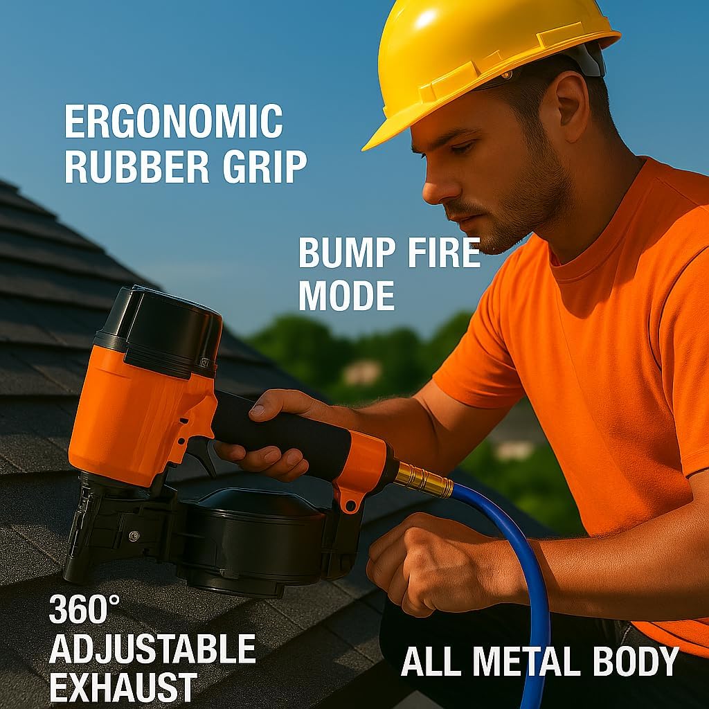 Heavy-Duty 15° Coil Roofing Nailer – All-Metal Body, Tool-Free Depth Adjust, Switchable Trigger, 120-Nail Capacity, Fits Roofing Applications, Compatible with Pierce Nailers