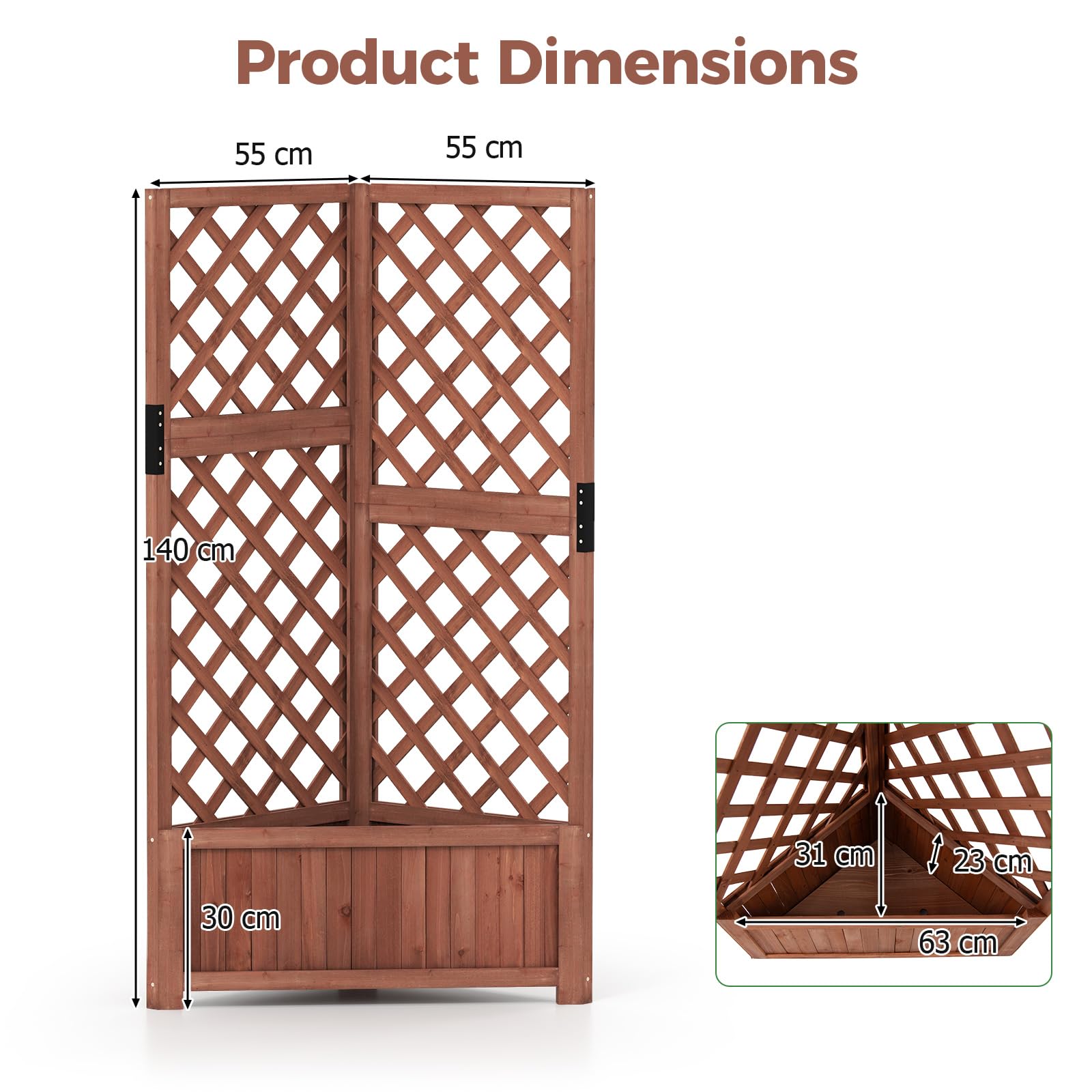 HOMASIS Macetero Elevado con espaldera, 140 cm, de Madera, con Drenaje, para balcón, jardín o terraza (Marrón Rojizo)