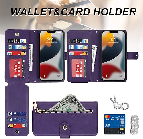 Miniatura 2 de Havaya Funda tipo cartera para iPhone 1212 Pro con 9 ranuras para tarjetas, funda de piel con cremallera, funda de crédito con tapa para iPhone