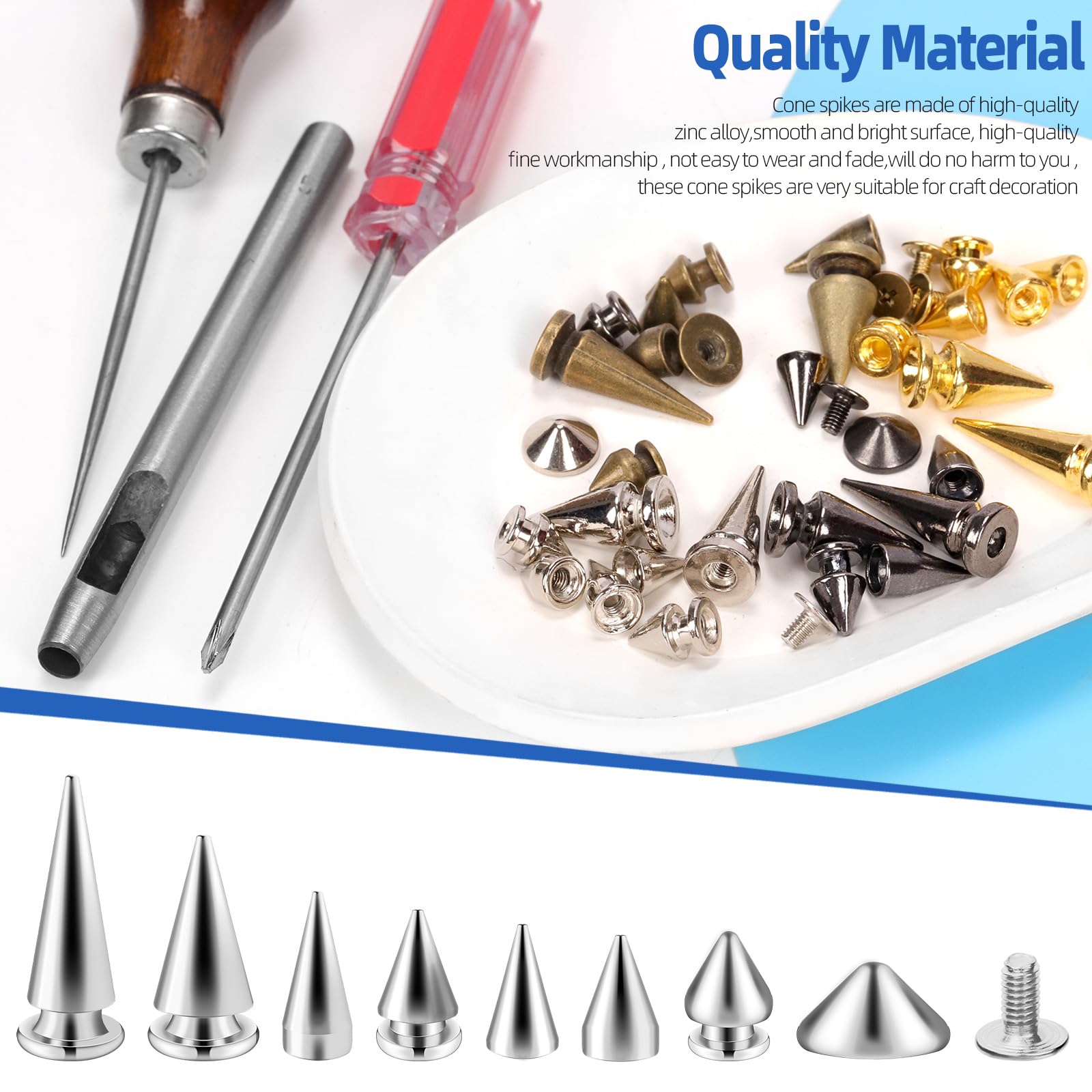 Glarks 355pcs Silver Punk Spikes and Studs Kit, 7 Sizes Zinc Alloy Cone Spike and Stud Rivet - Image 4