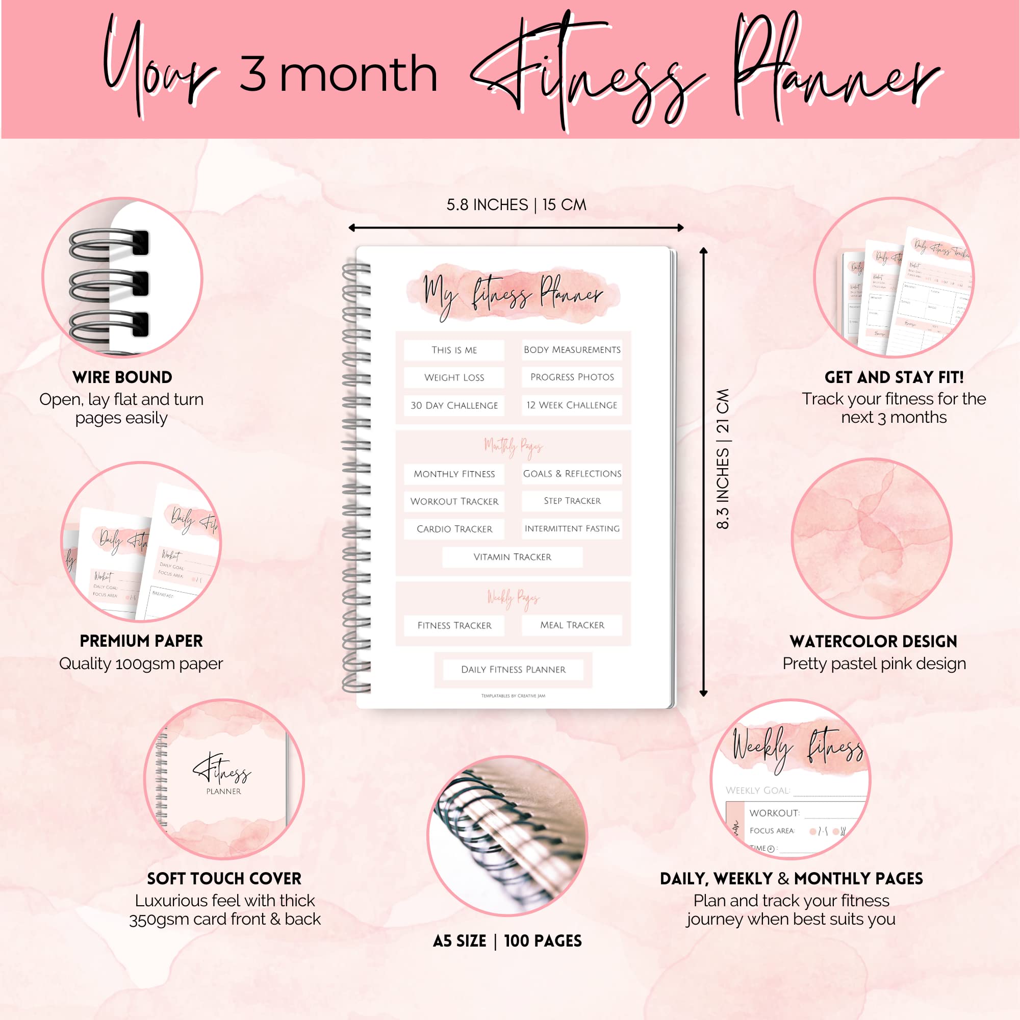 Diario fitness per donne e uomini, formato A5, per monitorare la perdita di peso, palestra, progressi nel bodybuilding, tracker quotidiano per salute e benessere, nero, 14,8 x 21 cm