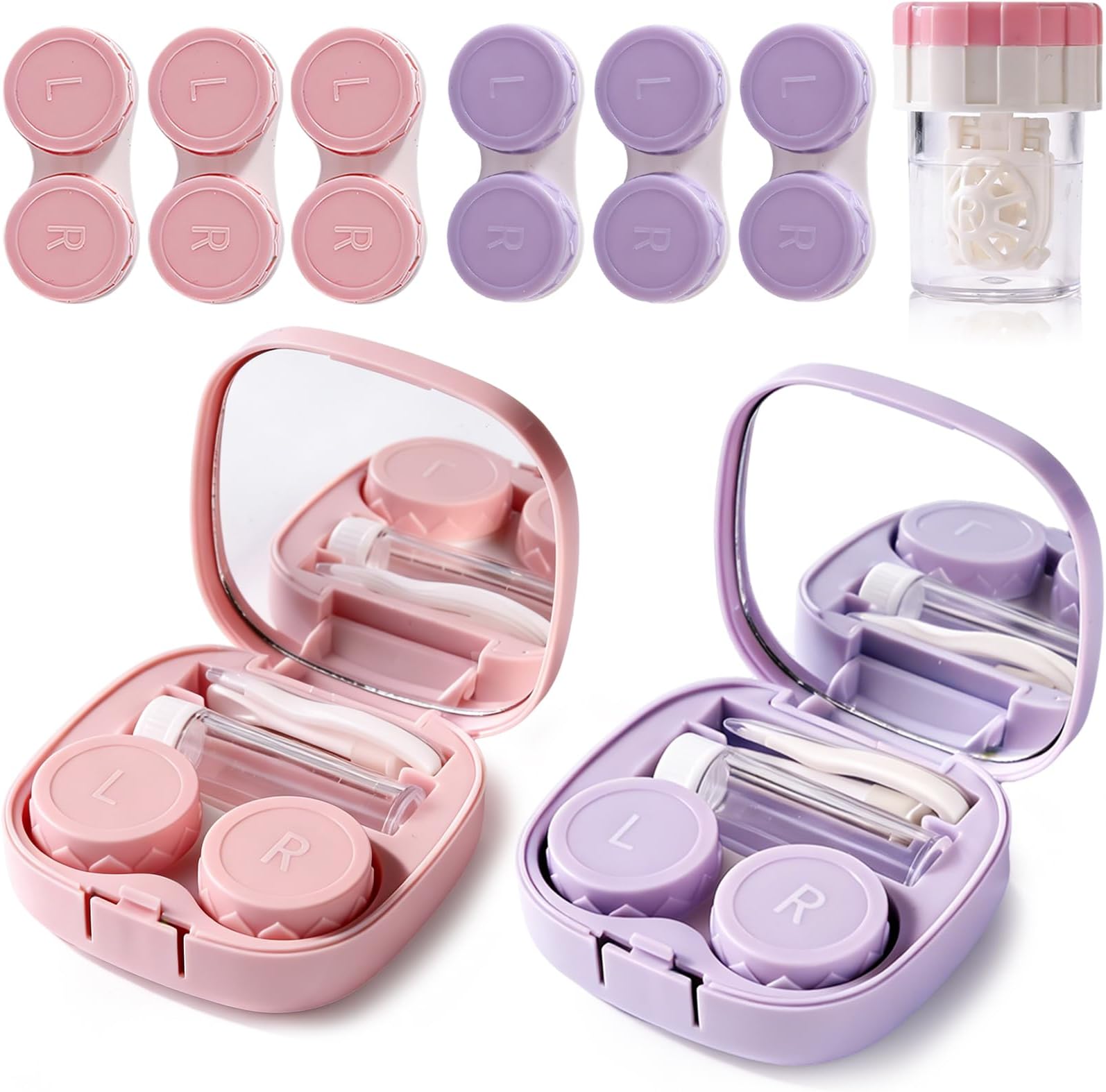 DEWSENSI Contact Lens Case with Cleaner Washer and Contact Lens Applicator Tool and 3pcs Extra Solution Soaking Cases, Travel Size for Daily Vision Care and Outdoor Use (Purple & Pink, 2 Pack)