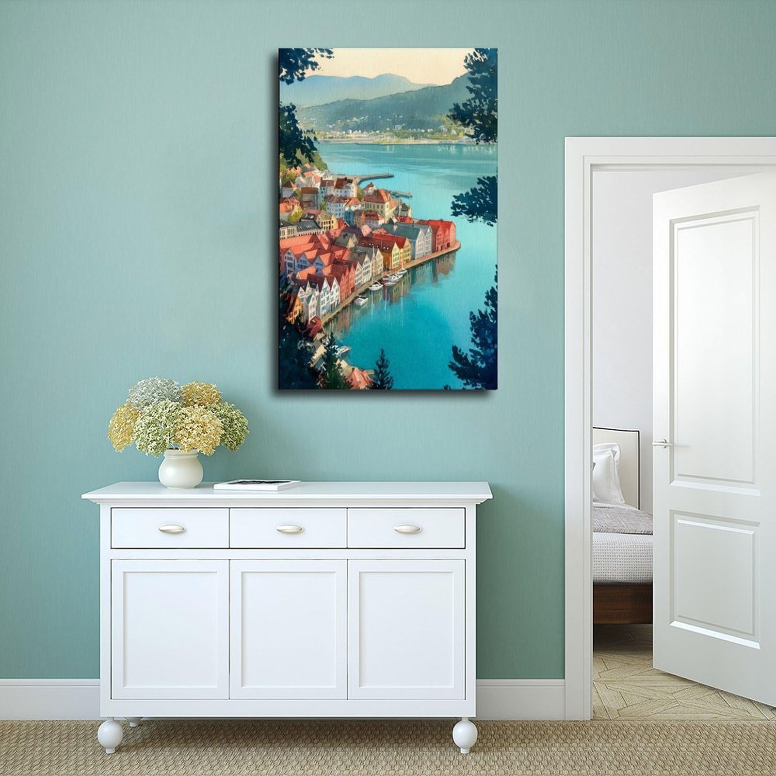 Bergen Port, poster di viaggio ad acquerello, paesaggio norvegese della città costiera, poster su tela, decorazione per camera da letto, ufficio, stanza, regalo, 40,6 cm di lunghezza x 61 cm di