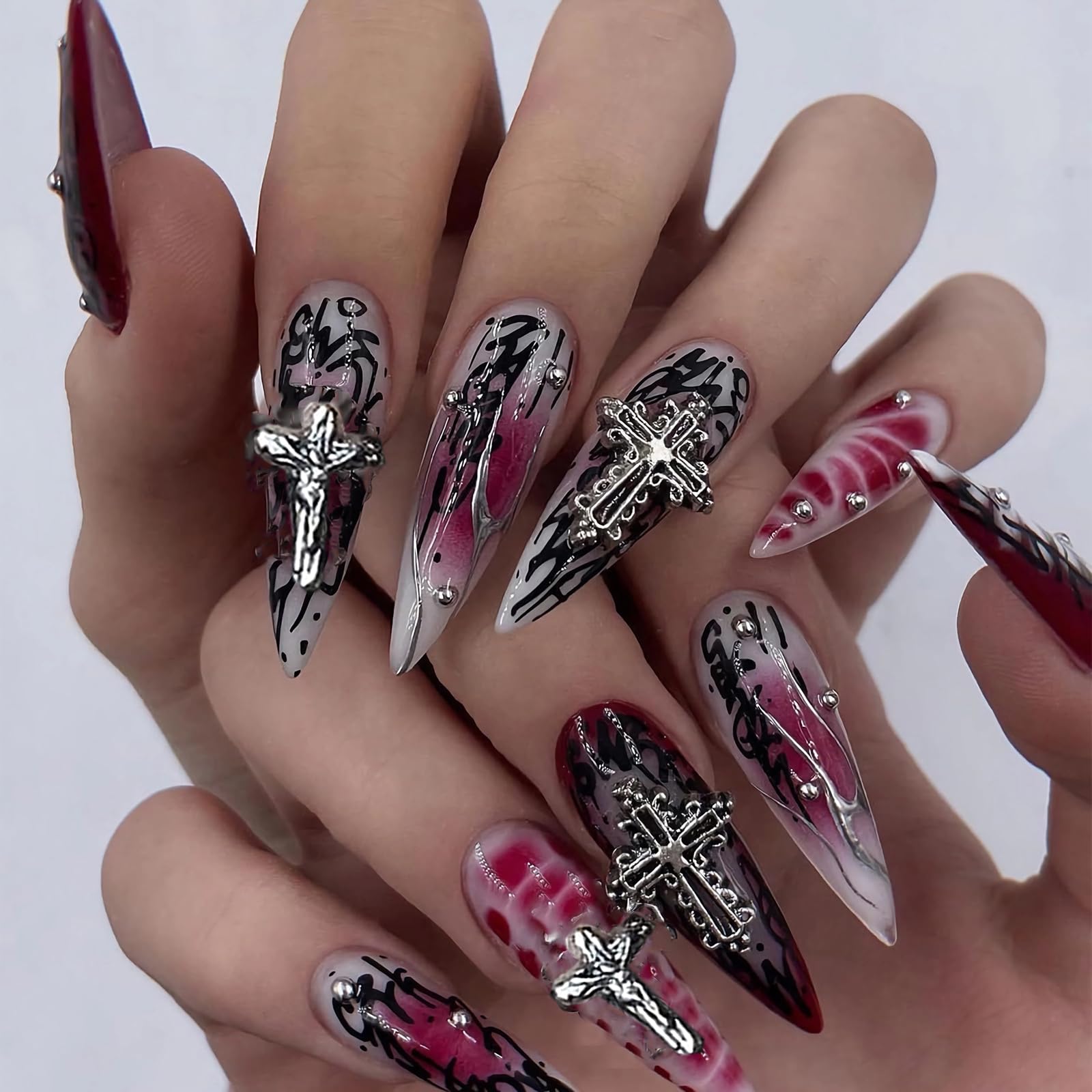 MISUD Press on Nails - Long Stiletto Glue on Nails with Goth Red Black, Acrylic Gothic Corss Design 24 pcs