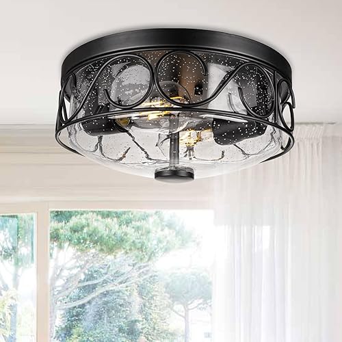 Miniatura 5 de Lámpara de techo industrial empotrada, cerca de techo con jaula de metal negro, lámpara de techo de 2 luces con vidrio de burbujas para cocina,