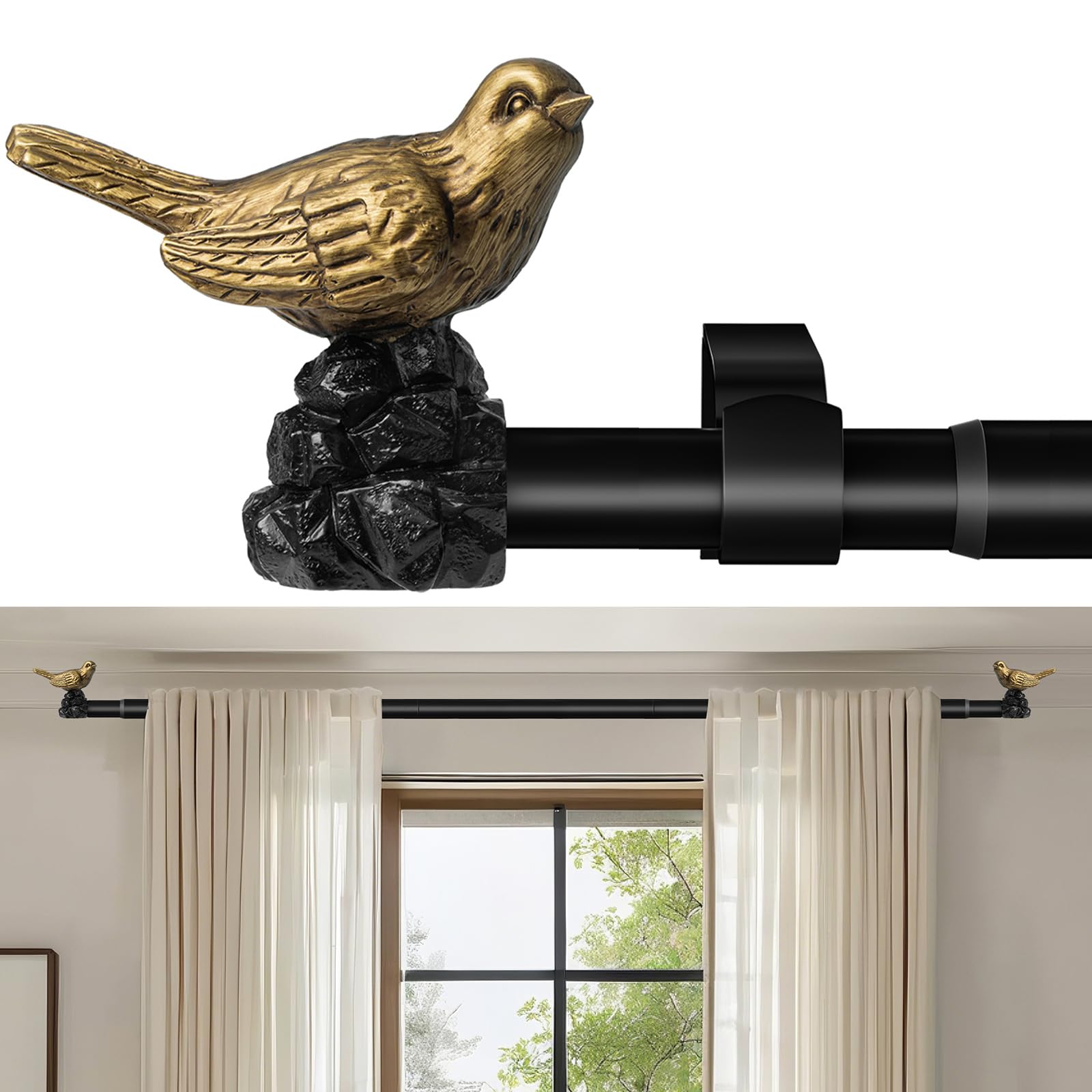 KVEEO Vintage Gold Curtain Rod 18 to 45 Inches Curtain Rods for Windows Adjustable Drapery Rod with Bird Finials Heavy Duty Curtain Rod for Kitchen Window Living Room