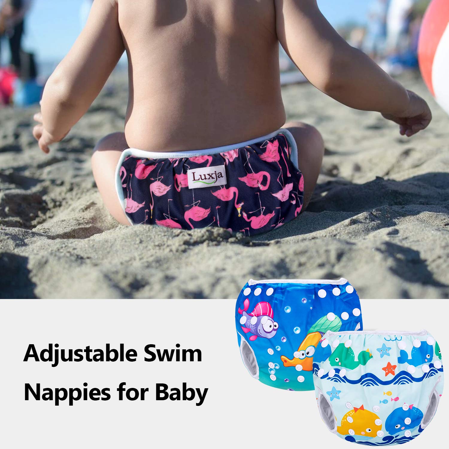 Luxja Pañal de Natación para Bebes Bañador Reutilizable de Nadar de Bebé Pañal Lavable para Bebé (0-3 años), Ballenas + Peces