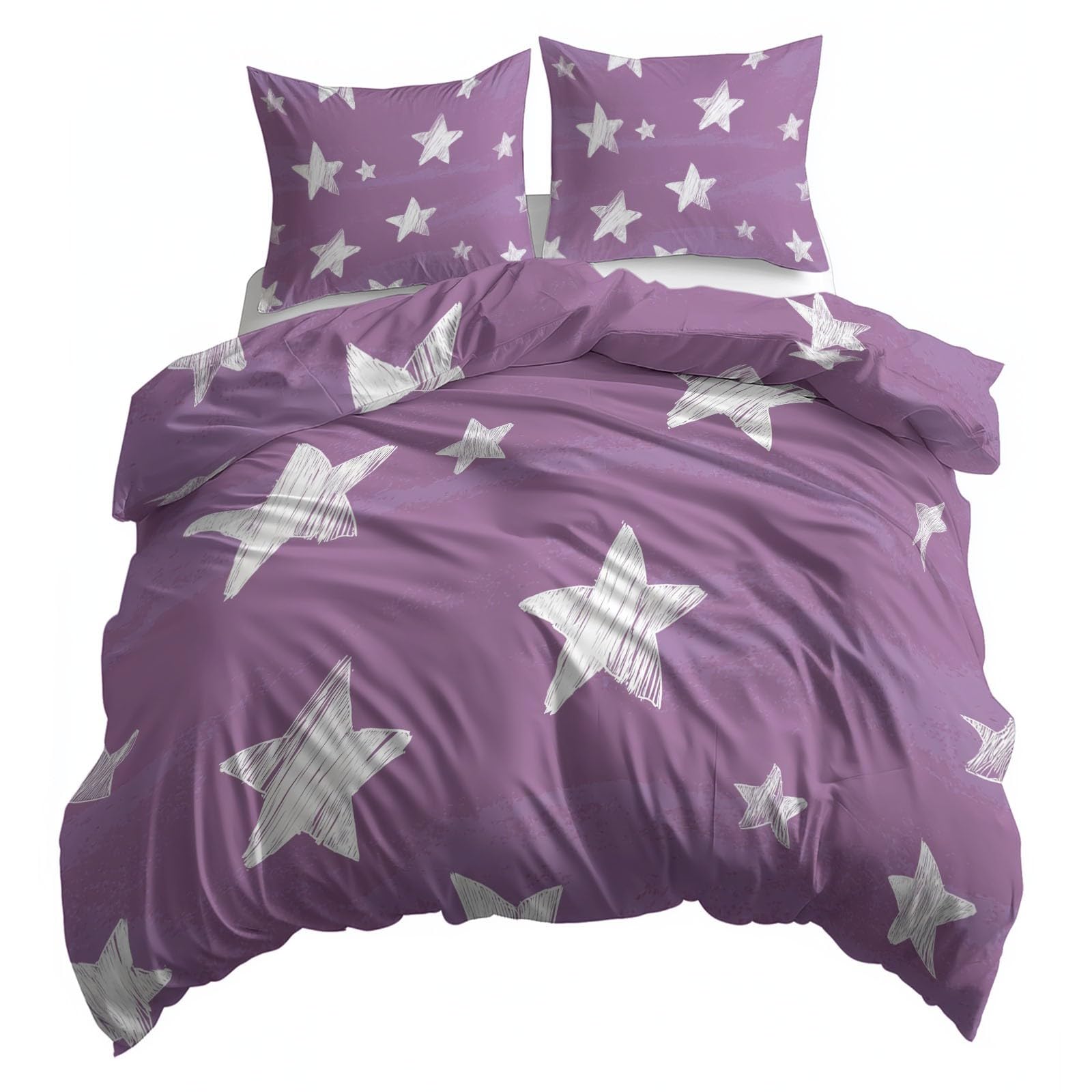 Funda Nórdica Cama 105 Estrellas Lilas, Juego De Funda Nórdica 180x220 cm, 3 Piezas Ropa de Cama con 2 Fundas de Almohada 50x75 cm, Microfibra Reversible Colcha