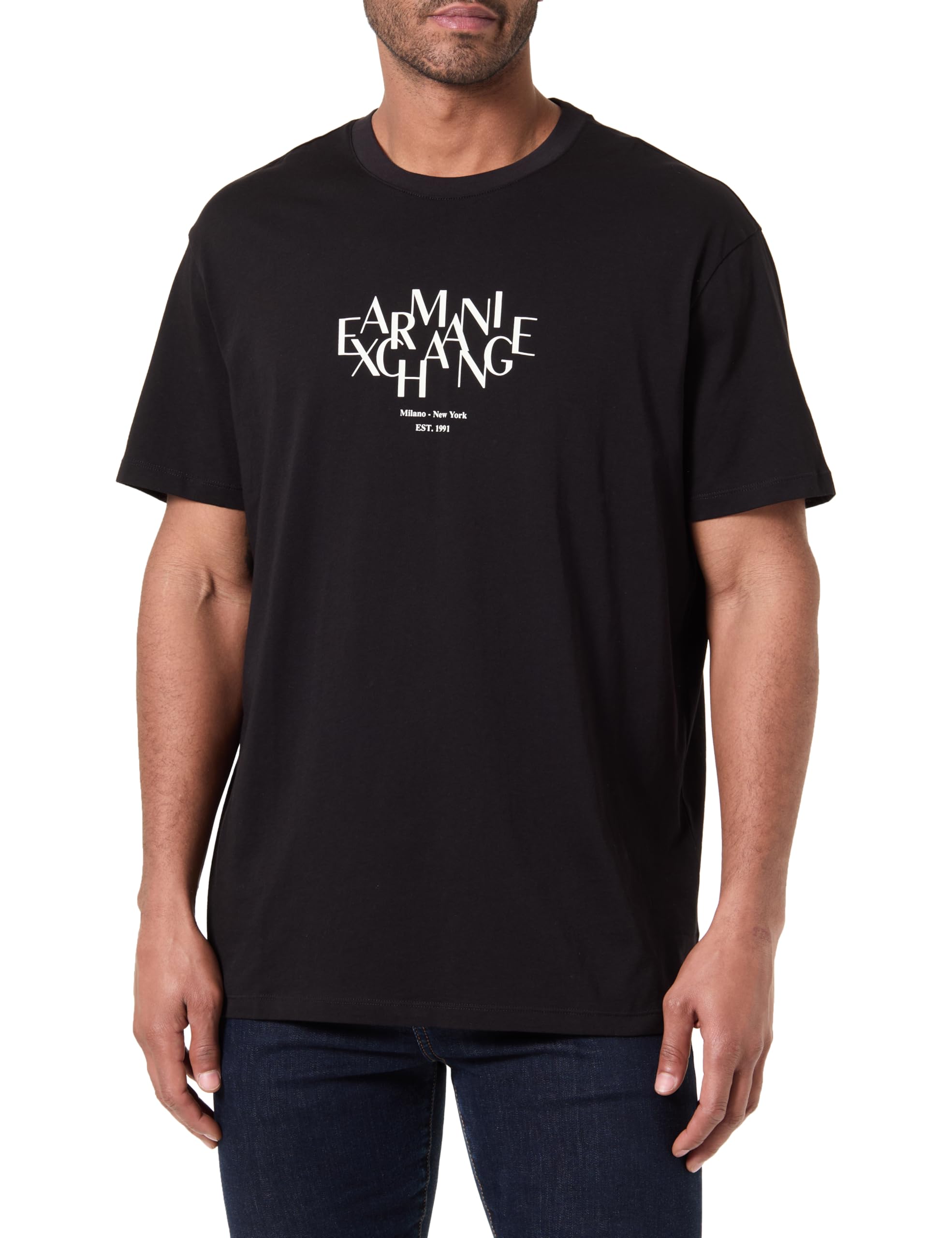 Armani Exchange Men's 3D Printed Front Logo Plain T-Shirt,Black,XL