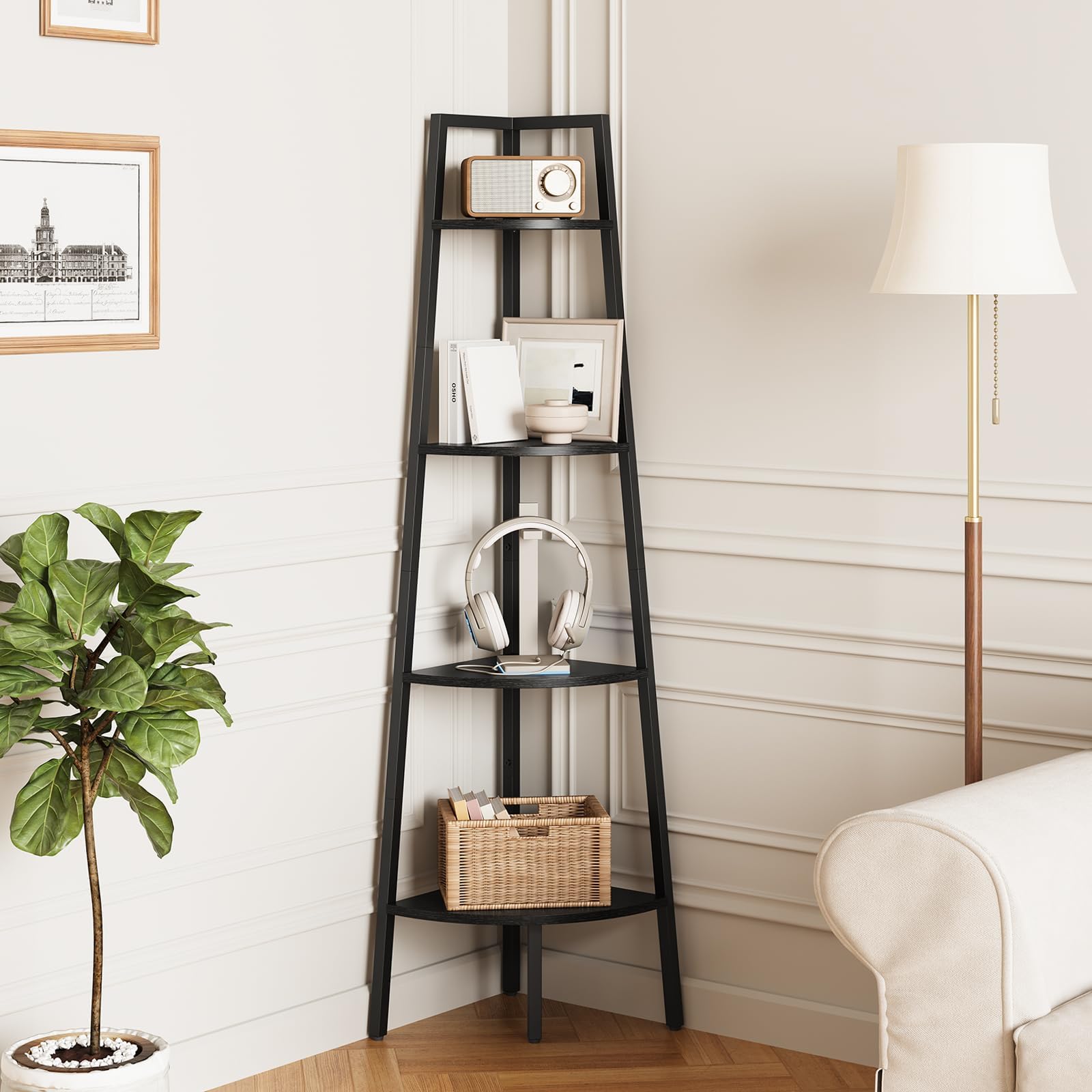 Yoobure 4-Tier Corner Shelf with Metal Frame, Ladder Bookshelf Display for Bedroom Living Room, Tall Bookcase Plant Stand, Wood Small Shelf Stand Home