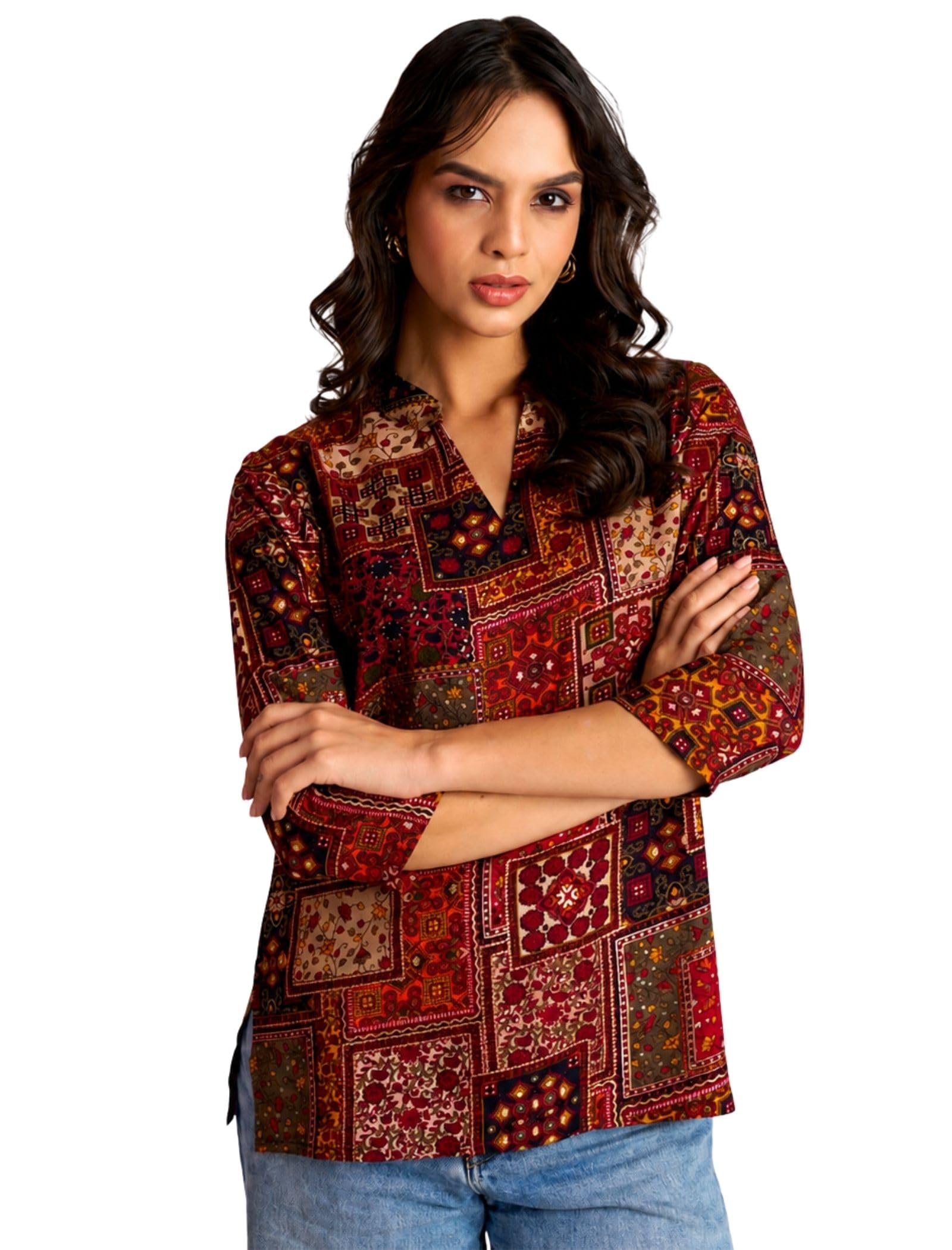 Women's Regular Fit Abstract Pattern Viscose Rayon Tunic Top with Mandarin Collar V-Neck 3/4 Sleeve Standard Length and Pull On Closure Type |Women Shirt Style Western | Womens Tops-picture-10