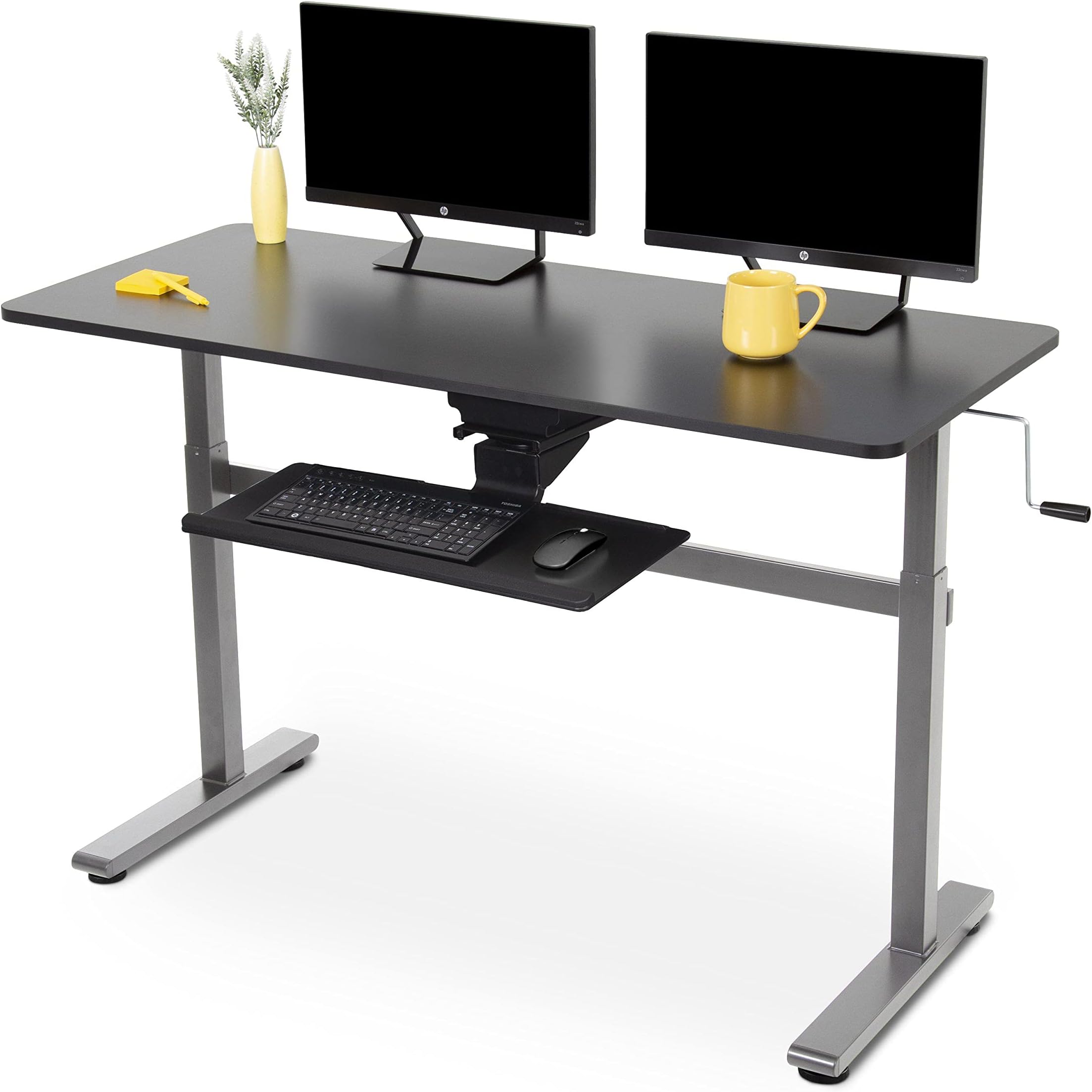 Stand Steady Tranzendesk 55 Inch Standing Desk with Large Tilting Keyboard Tray | Easy Crank Stand Up Desk with Screw-On Under Desk Tray | Height Adjustable Desk (55in x 23in)