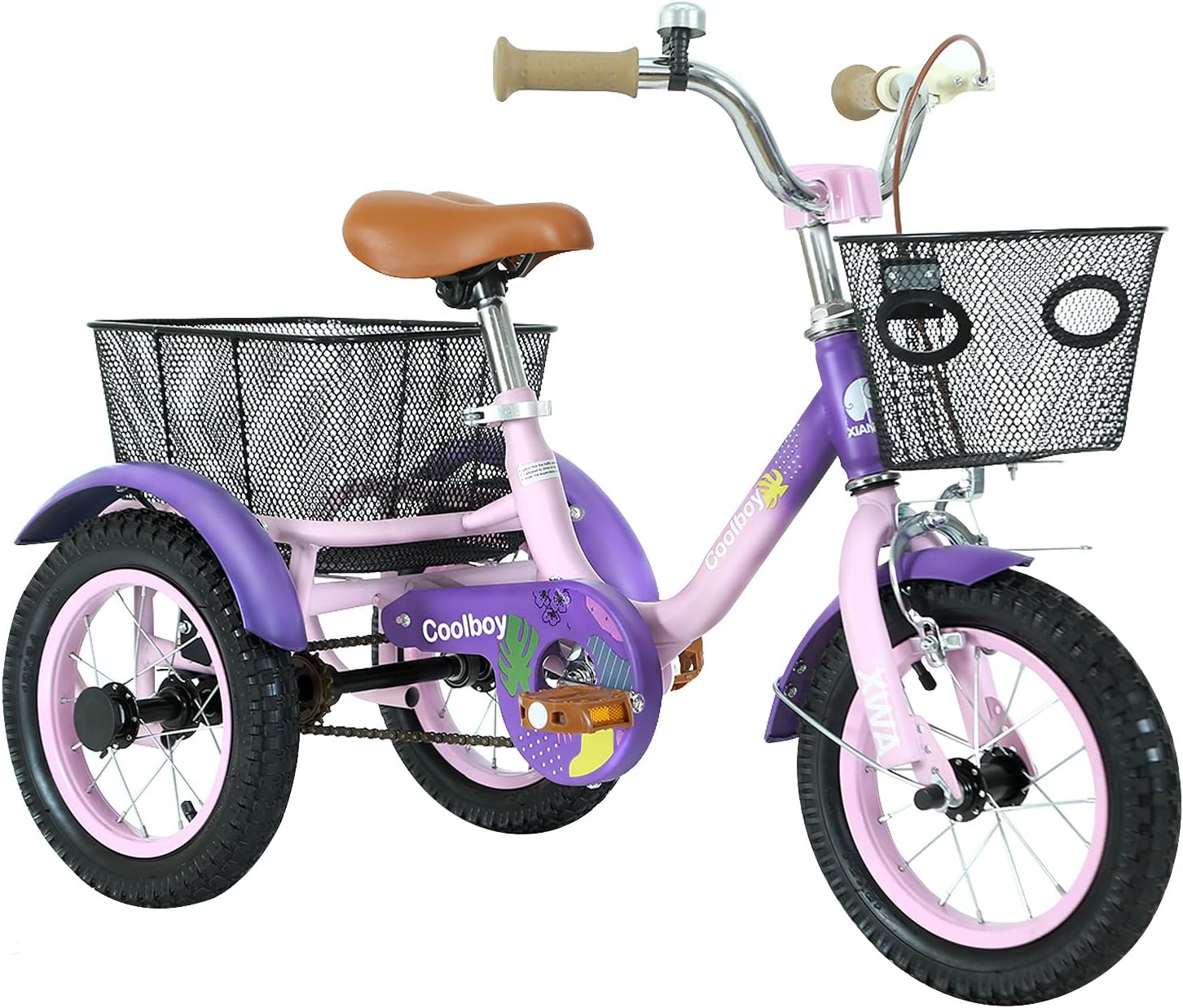 12 inch Trike,Kids Tricycle,Kids Trike,for Ages 3+ Beginner Riders, with Front Rear Basket and Passenger Seat, for Shopping Picnic Outdoor Kids Playground Sports,Multiple Colors Purple