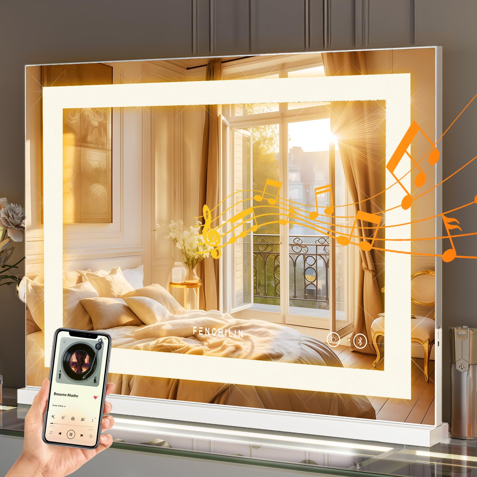 FENCHILIN Hollywood Bluetooth Vanity Mirror with Lights, 23" x 18", Crushed Glass Vanity Mirror with Lights, Music Speaker, Dimmable LED Light Strip, 3 Color Modes, Mirror