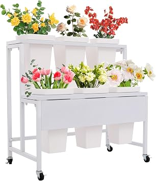 Flower Bar Stand With 6 Buckets Bloom Bar Flower Dispaly Stand Rolling Floral Cart Metal Bouquet Holder Flower Organizer Multi Tier Rack With Wheels Garden Outdoor Event Party MarketShip in 2 Boxes