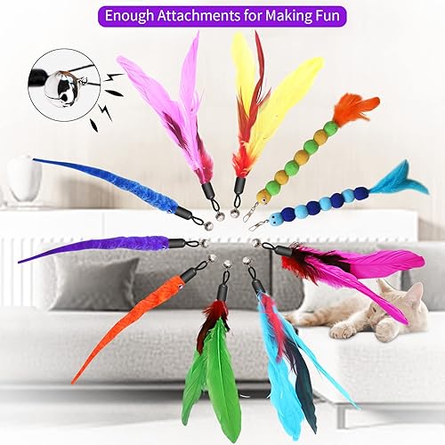 Miniatura 5 de Juguetes para gatos, 2 juguetes de plumas retráctiles, 10 piezas de repuesto de repuesto Teaser, 1 varita de cinta de arco iris, juguetes