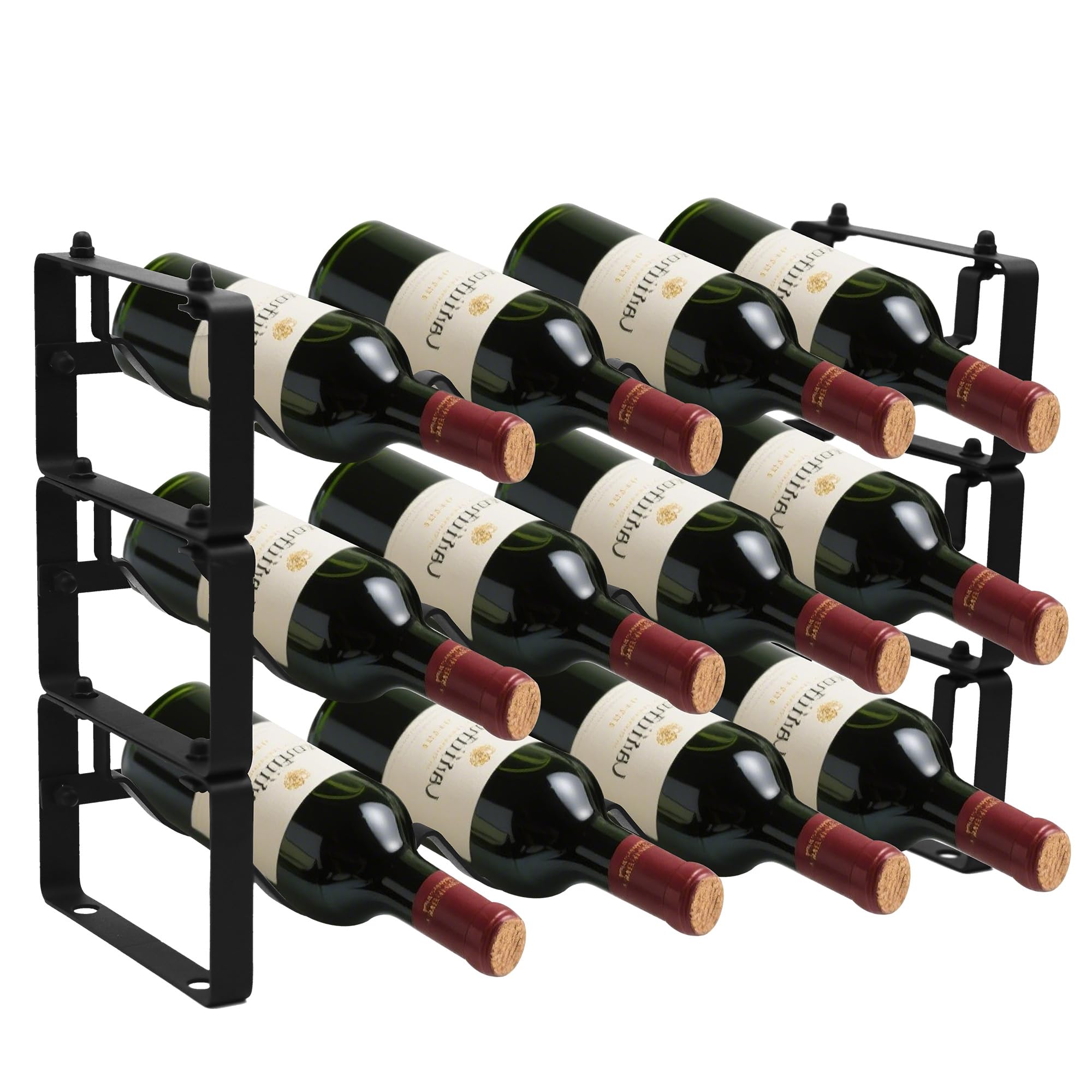 STAEVER Black Wine Rack for 12 Bottles – Stackable & Expandable Metal Wine Bottle Holder for Bar Counter, Cabinet, Pantry, or Small Spaces – Modern