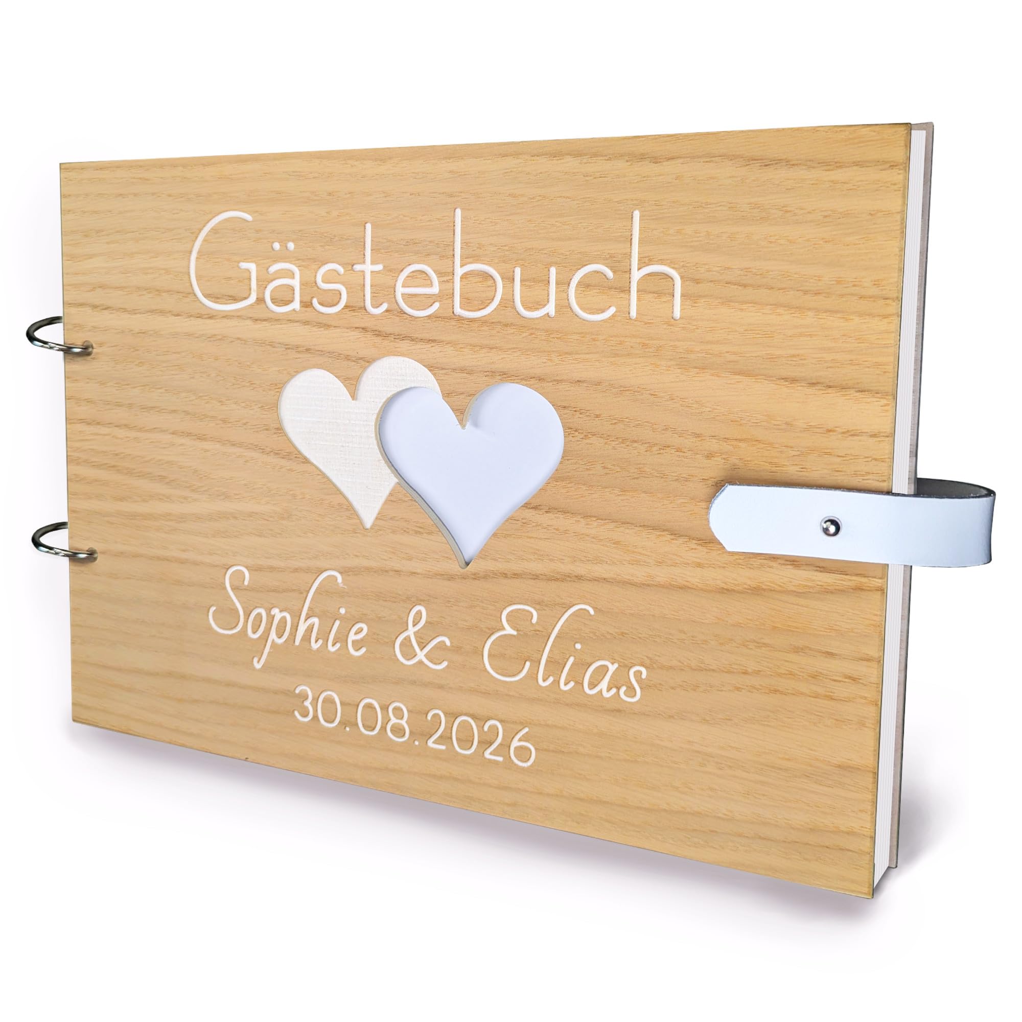 Großes Hochzeitsgästebuch aus Holz mit personalisierter Gravur & Lederverschluss - Edles DIN A4 Hochzeitsbuch mit 100 Seiten | handgearbeitet mit Lederverschluss