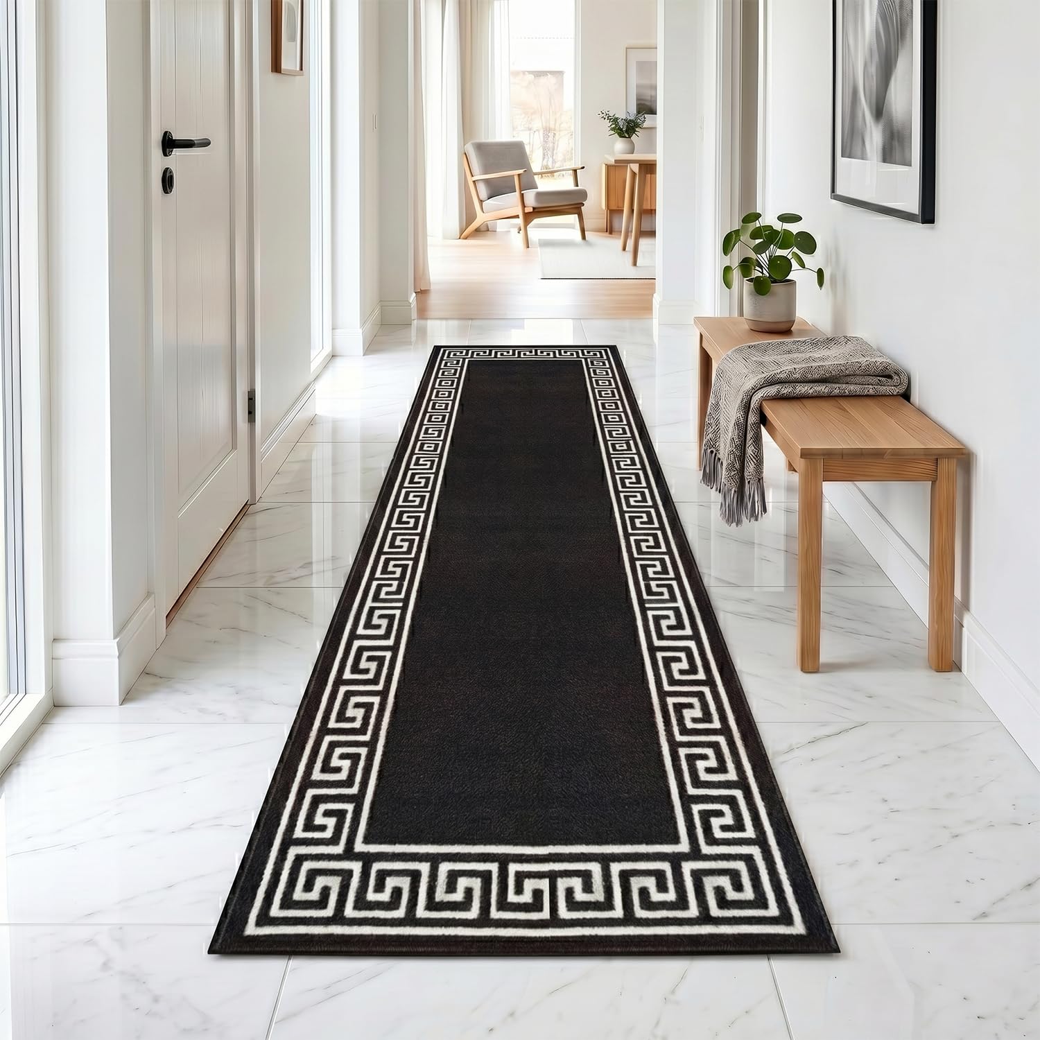 Rugs Haven - Elysia Washable Hallway Carpet Runners, Non-Slip Floor Mats for Kitchen, Living Room, Corridor, Entryway, Door Entrances (Black& White, 66x220cm)