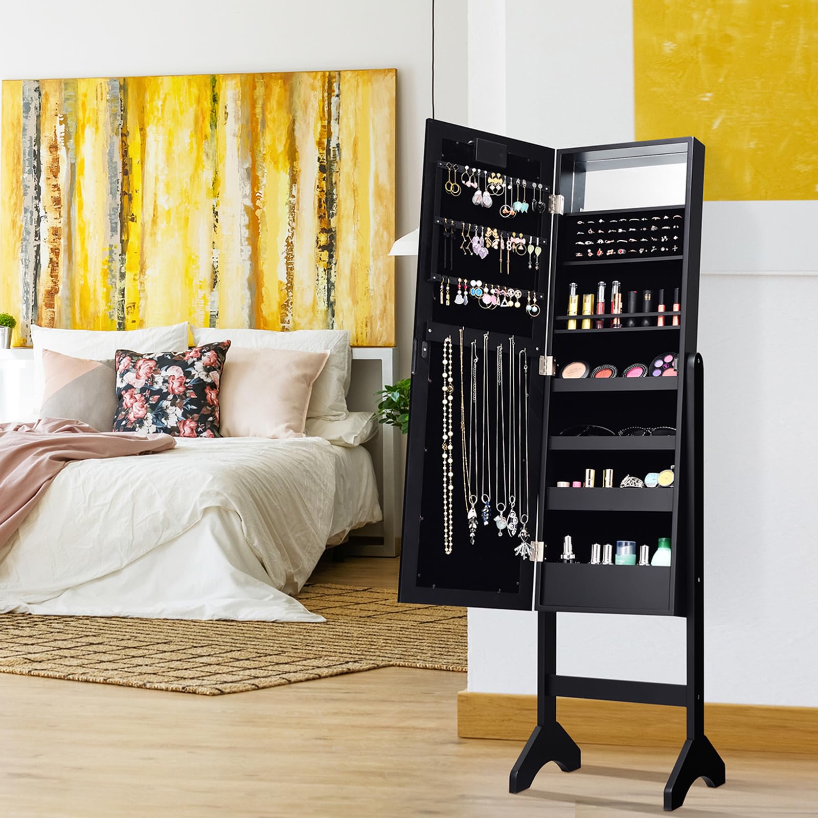 COSTWAY Portagioie Armadietto Specchiera con 18 Luci LED, Specchio a Figura Intera, Organizer per Gioielli Moderno Elegante, 145x35x31,5cm (Nero)