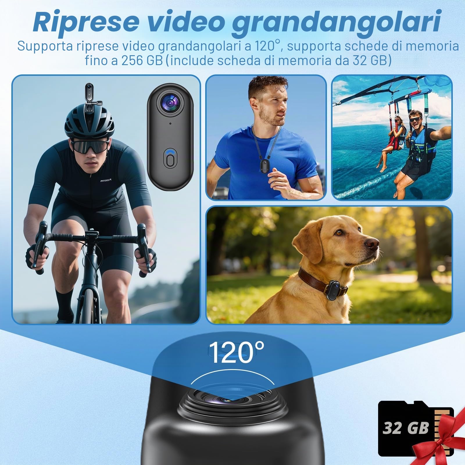 Mini Action Cam, 32GB Mini Telecamera Sportiva Body Cam Telecamera,HD 1080P Fotocamera Subacquea 30M, 120° Videocamera Sportiva WiFi per Pollici Bici Moto Casco Sci Surf con Accesorios Multiples