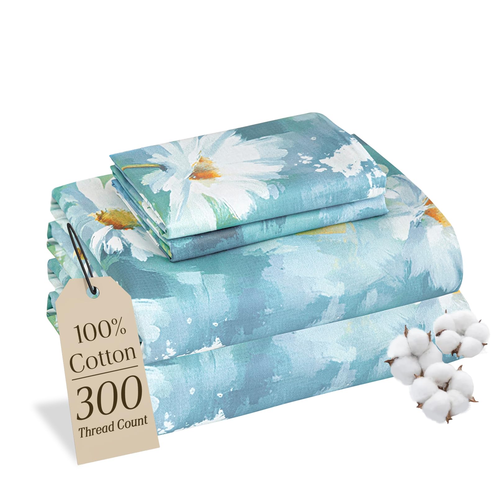 MCO 100% Cotton Sheet Set Floral Printed, 300 Thread Count King Sheet Set Cotton, 16" Deep Pocket, Breathable Cooling Sheets 4 Pieces (King, Daisy Blue)