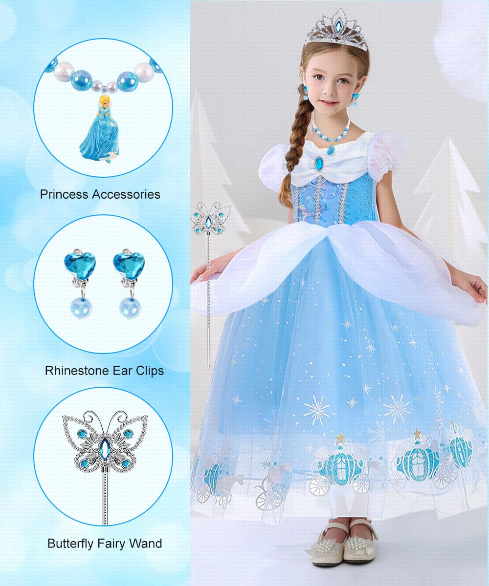 Robe Princesse Fille, Deguisement Princesse avec Couronne Collier Ensemble, Costume Carnaval Enfant, Deguisement Princesses pour Anniversaire Cosplay Fête