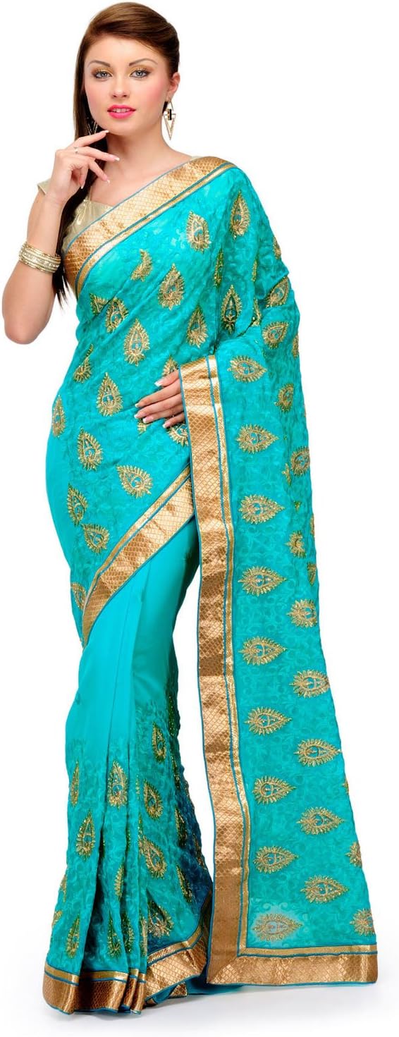 Fabroop Women's Faux Chiffon Saree One Size Sea Green