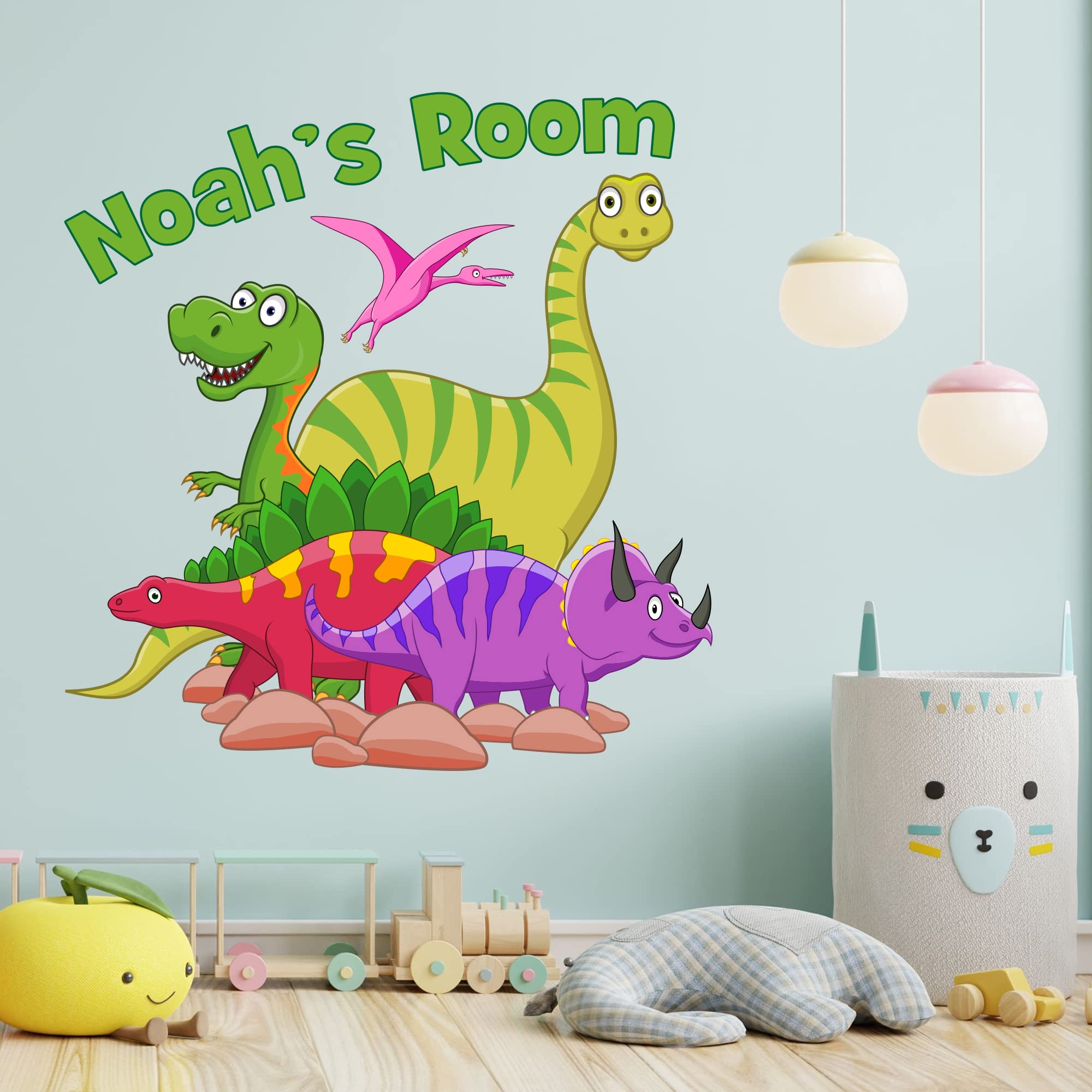 Dinosaur Wall Sticker - Colourful Cartoon Dinosaur Group Personalised Name Wall Decal Kids Art (90cm Height x 85cm Width)