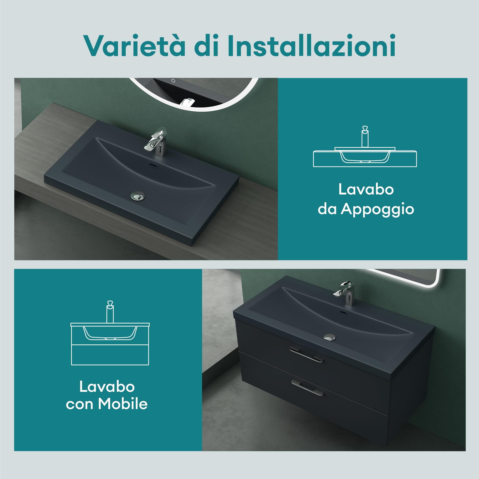 Mai & Mai Lavabo Incasso 100x48x13cm, Lavabo Sottopiano Lavandino Bagno da Marmo fuso Colossum01-1000,Antracite opaco