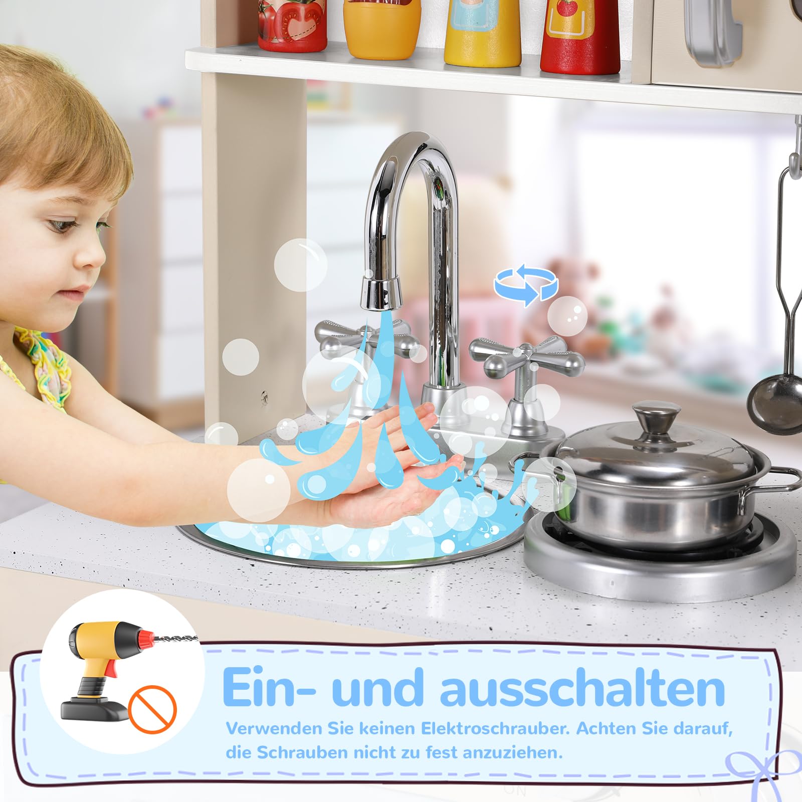 Cucina Legno per Bambini, Cucina Giocattolo per Bambini, Cucina per Bambini in Legno 81x74x30 cm, con Effetti Simulati di Luce e Suono, Dotata di Accessori da Cucina, Blu