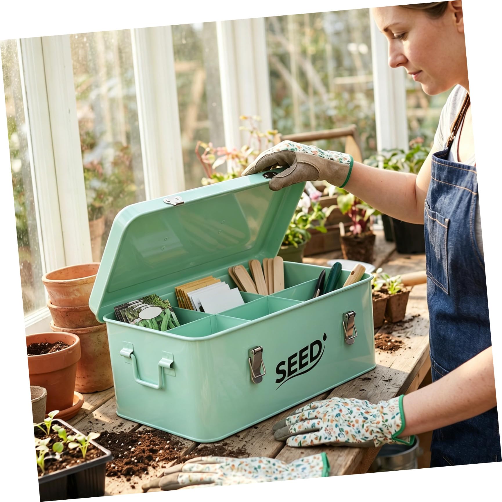 YARNOW Caja Organizadora para Semillas de Plantas con Compartimentos Caja Metálica con Cierre Seguro y Asa Ergonómica Almacenaje Portátil para Semillas de Flores y Herramientas