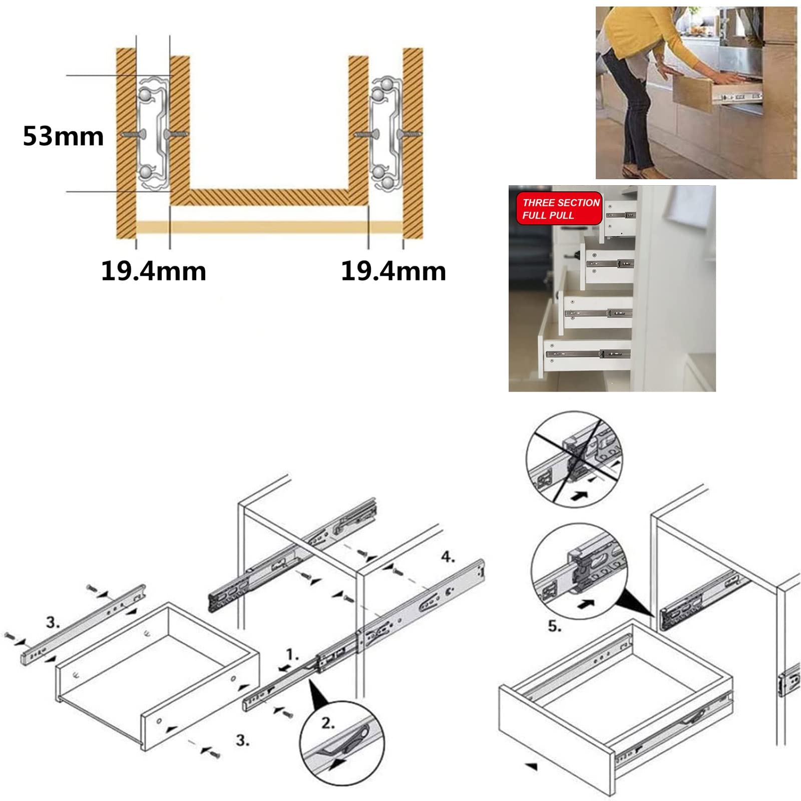 V3VOGUE Rieles Telescópica Pesada 2 Piezas Guías Correderas para Cajones De Armarios, 350mm con Cierre Suave, Guía Lateral En Acero, Extracción Total, Carril De Cajón Muebles Cocina