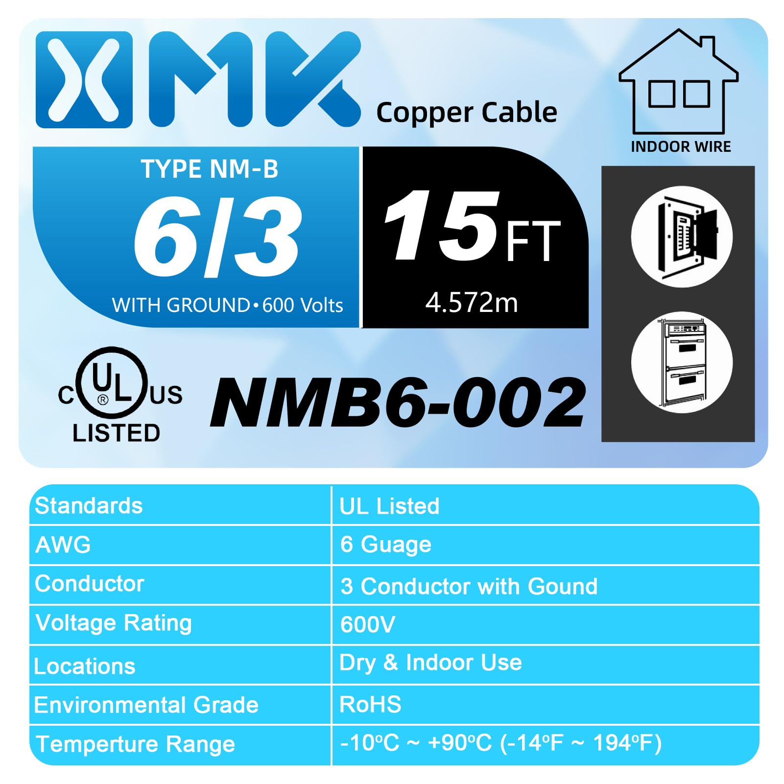 6/3 NM-B Wire with Ground,15ft 6/3 NM-B W/G Wire 6 Gauge Nonmetallic Sheathed NM-B Cable,Copper 6 AWG 3 Conductor Residential Indoor Electrical Wiring for Branch Circuit Switches,Outlets,Other Loads