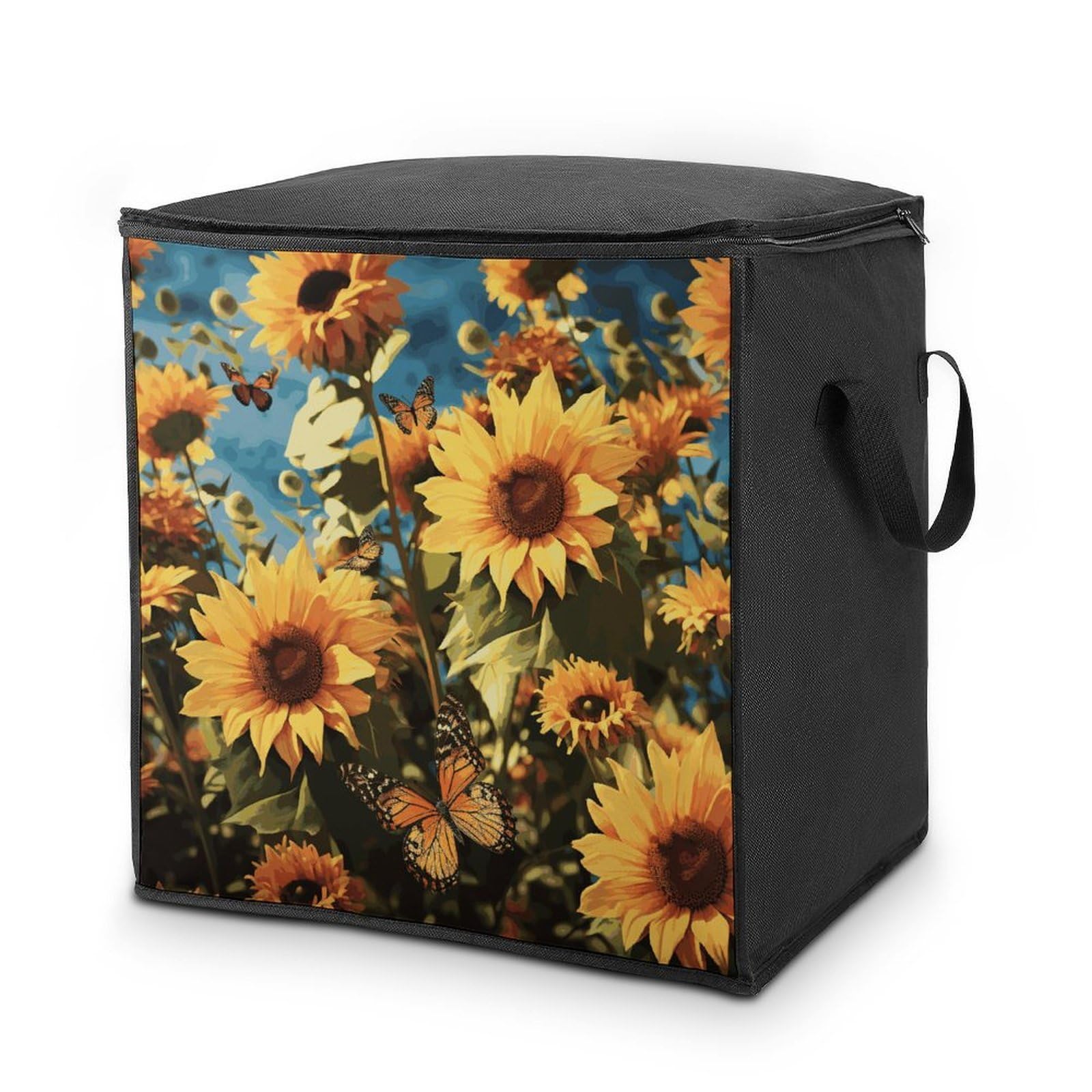 Sunflowers And Butterflies Storage Bags Comforter Quilt Blanket Clothes with Zipper & Handles Easy to Fit King Size Comforter Set Closet Under Bed Organizer for Dorm Pillows Bedding 70L
