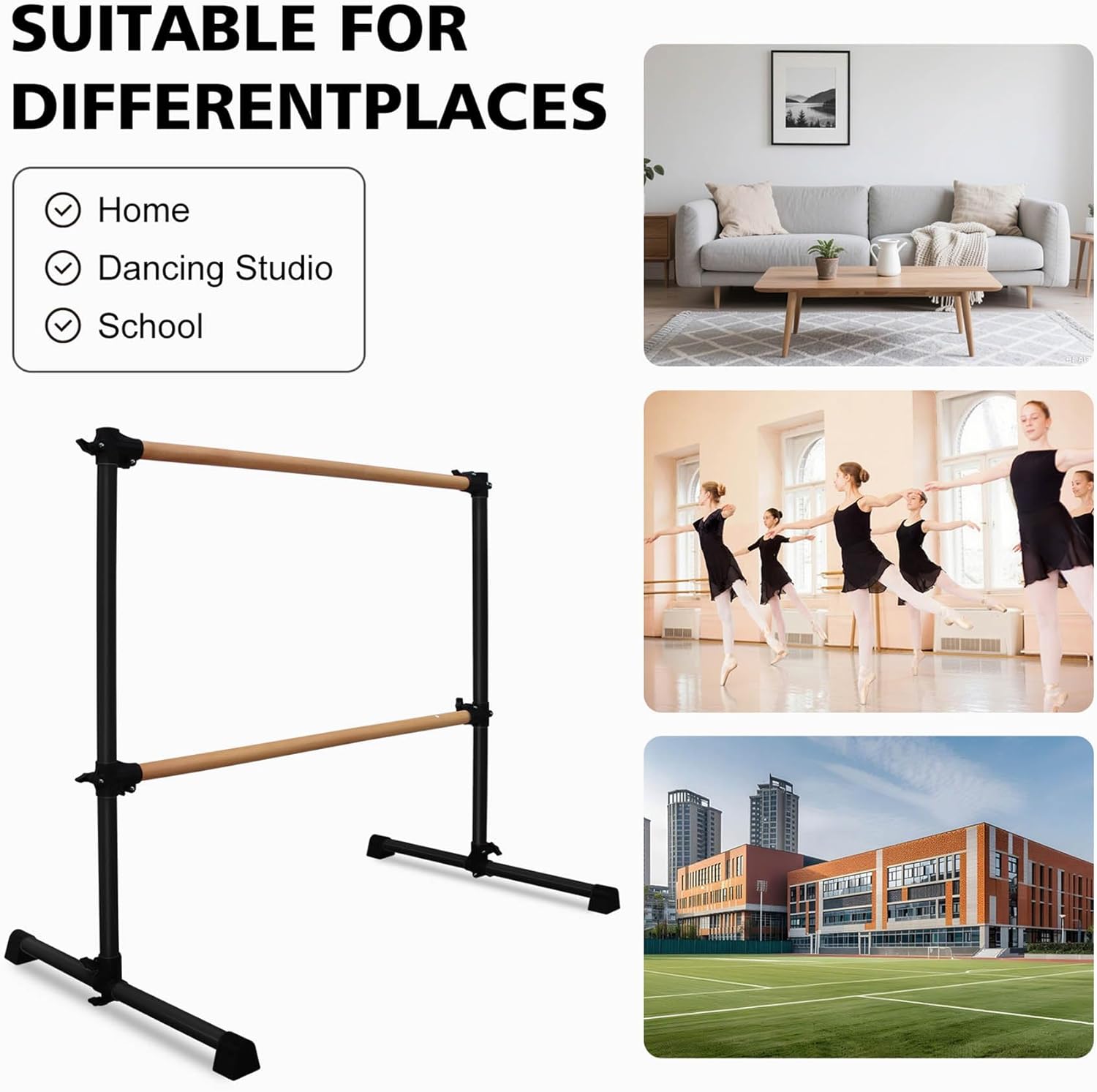 4ft Portable Ballet Barre for Home, Freestanding Dance Bar with Solid Wood, Adjustable Height (6.7"-46"), Stretching Equipment for Kids & Adults, Barre Fitness,