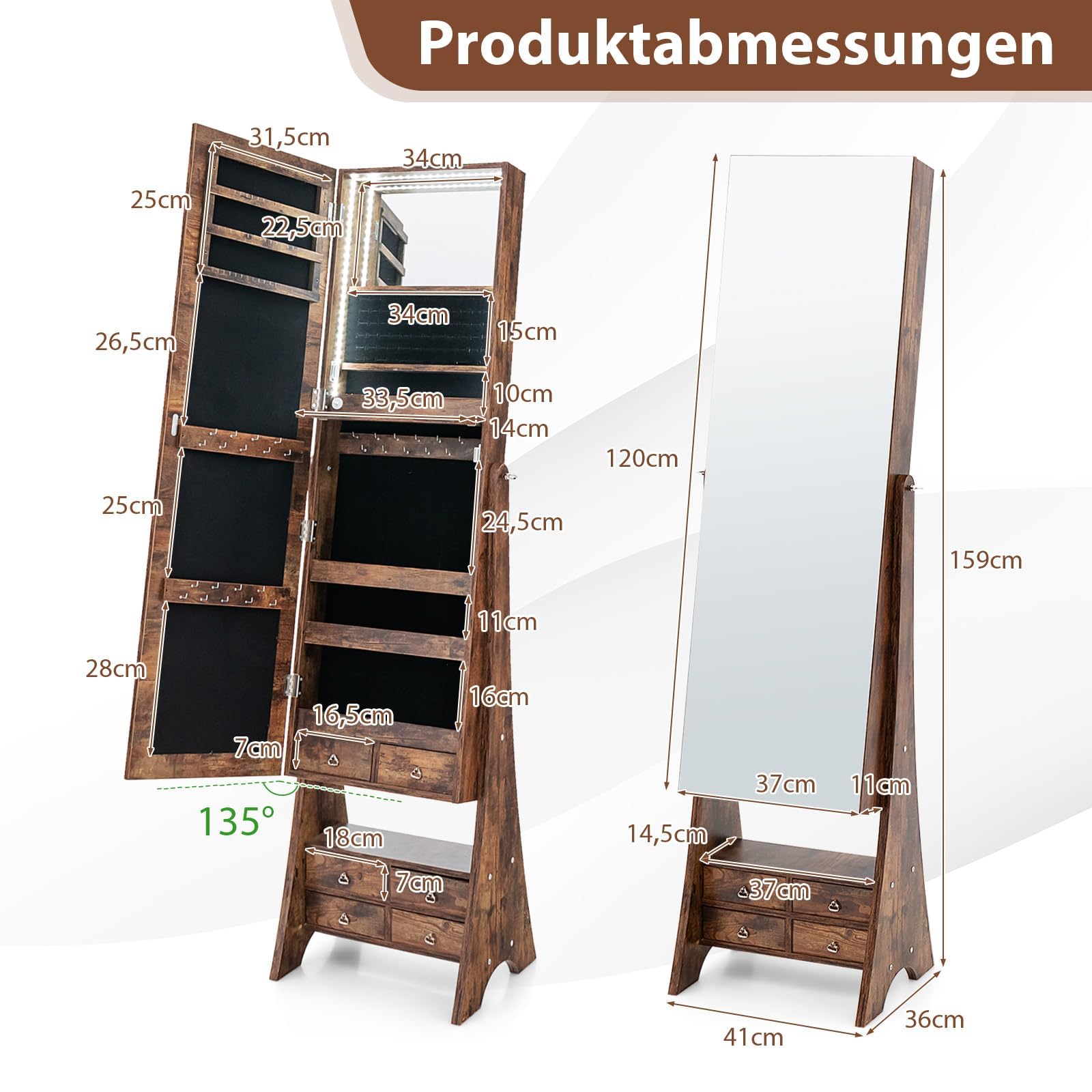 COSTWAY Schmuckschrank mit Spiegel, Spiegelschrank mit Beleuchtung, Schmuck Organizer mit Schubladen und klappbaren Ablage (Braun)