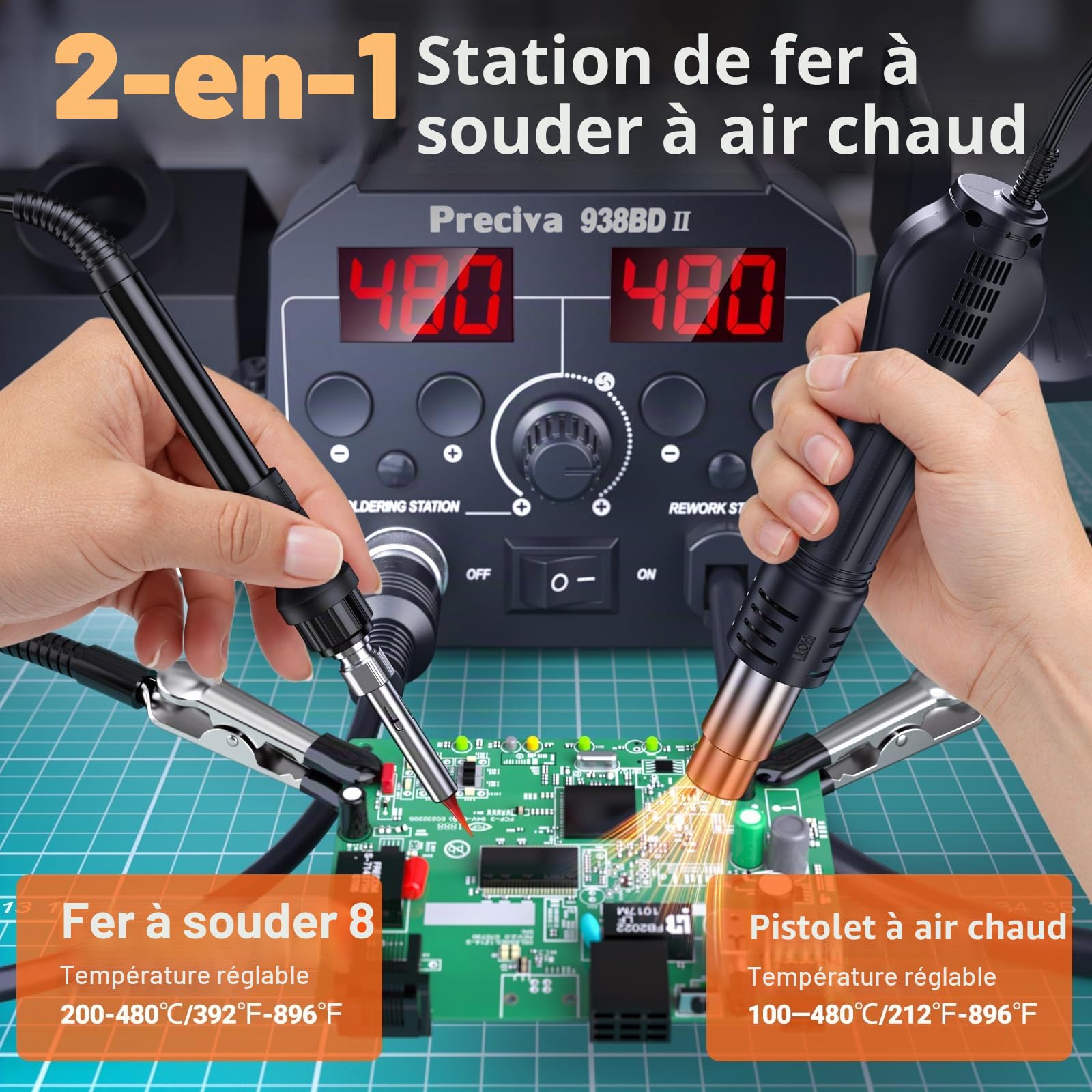 Preciva Station de Soudage à Air Chaud, Double Affichage Station de Soudage, Mode Veille Automatique et Étalonnage de La Température Fer a Souder, pour La Réparation de Circuits Imprimés