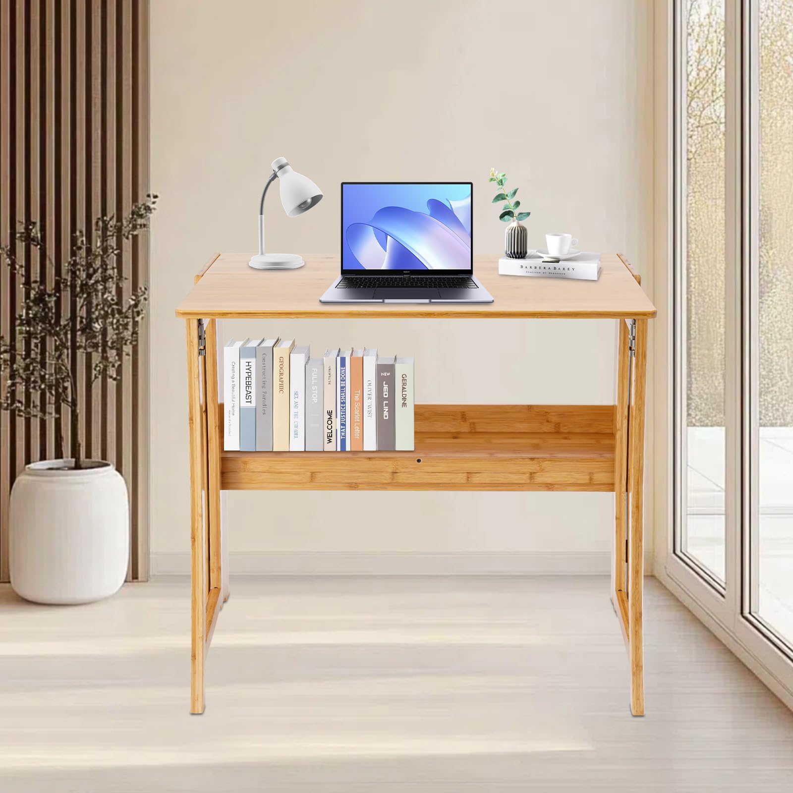 Scrivania pieghevole 83 x 54 cm, segretario salvaspazio con libreria, per ufficio, soggiorno e camera da letto, colore legno