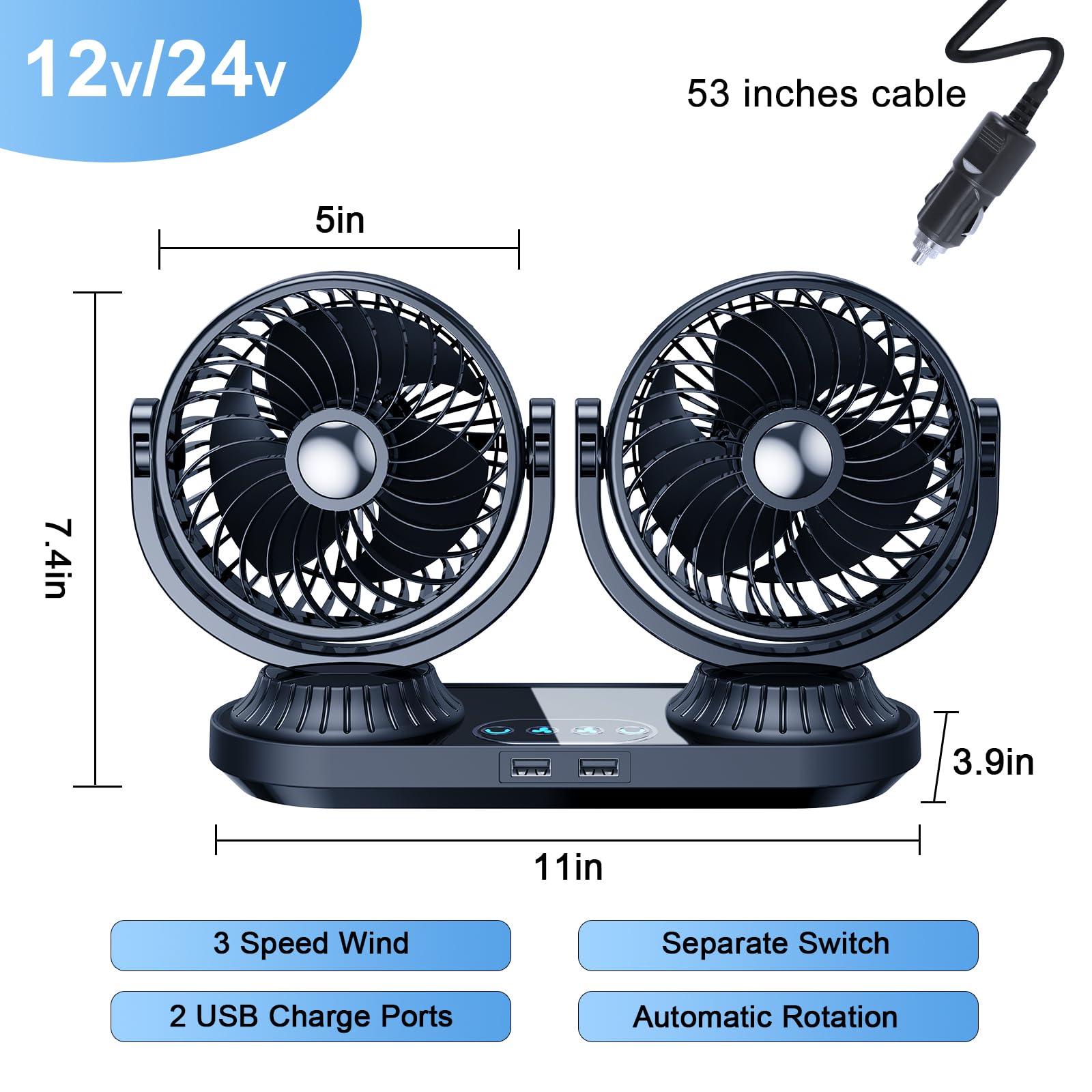 Amazon.com: xuenair Auto Oscillating Car Fan 12v/24v Cigarette Lighter Plug  for Pickup Truck RV SUV Sedan Van Boat Dash, Strong 3 Speeds Portable  Rotatable Electric Car Cooling Fan