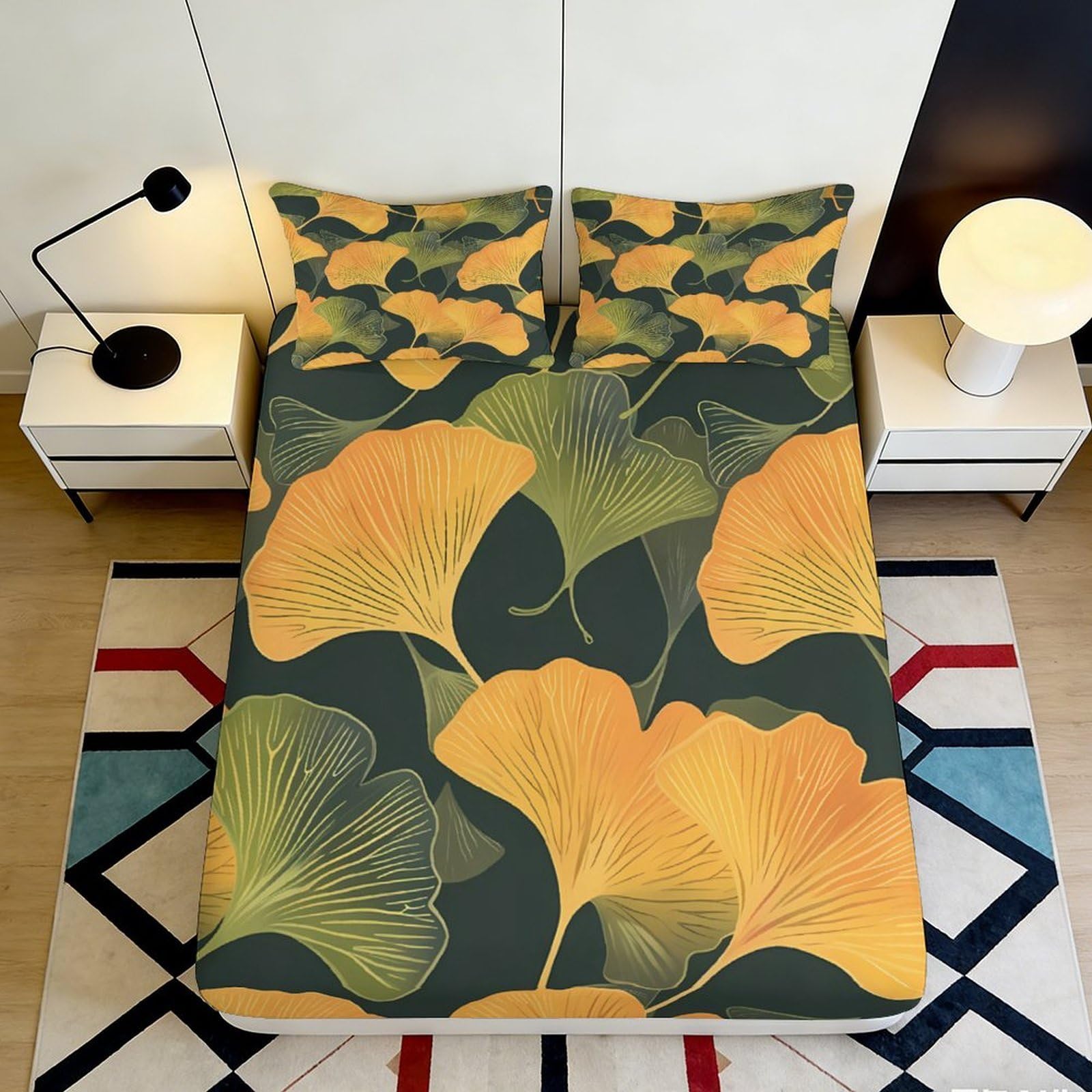 3D Printed Ginkgo Leaf Fitted Sheet Microfiber Soft Breathable Autumn Botanical Mattress Cover for Bedroom Dorm Decor 90x200x25cm