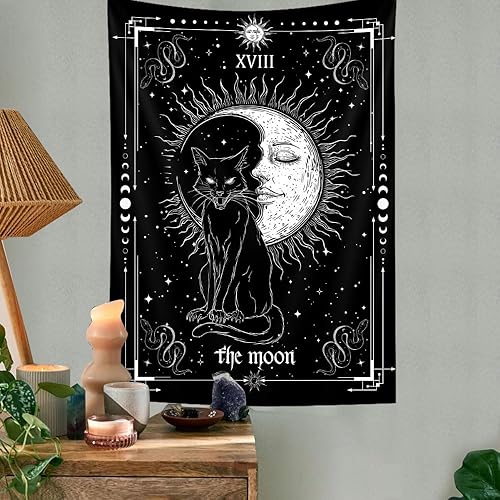 Miniatura 6 de Tapiz vertical gótico de gato negro, bruja, carta de tarot en blanco y negro, alas de murciélago, gatos, tapices geniales para hombres, fases