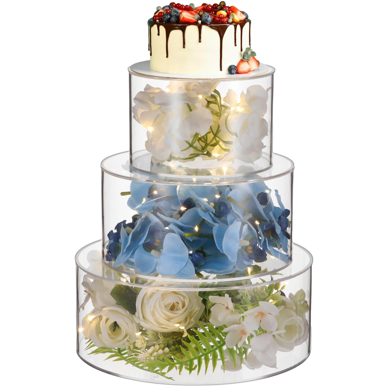 Photo 1 of 3 PCS Acrylic Cake Stand with LED Lights, 6/8/10 Inch Clear Cake Stand Fillable Cake Riser Round 3 Tier Case Box for Birthday Wedding Holiday Party (3PCS)